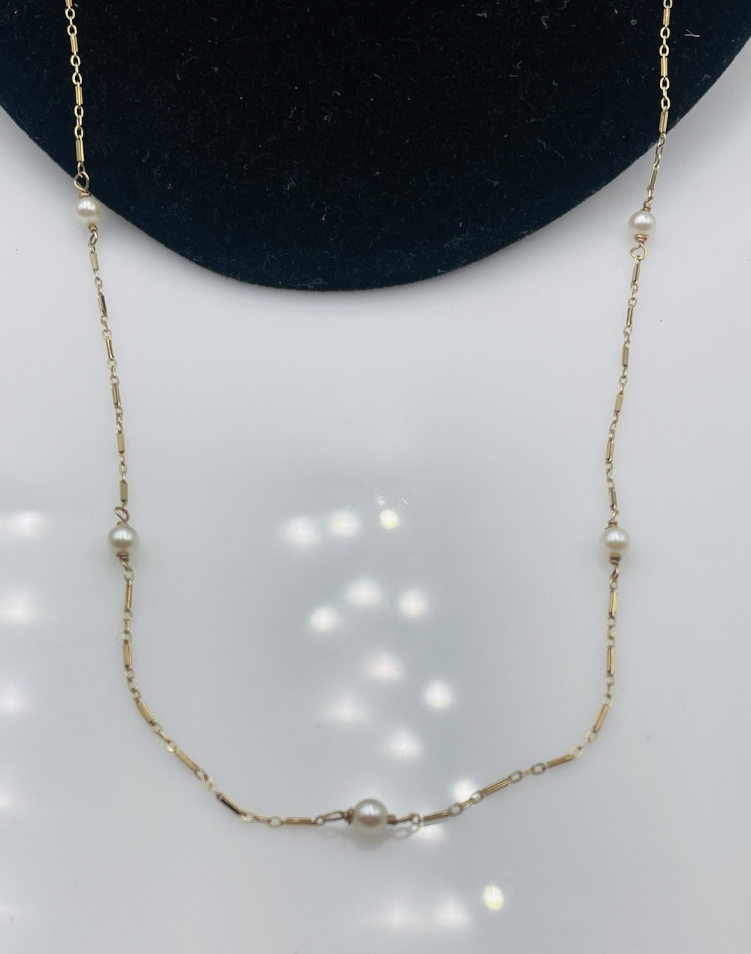 Antique 14k Yellow Gold Pearl Station Bar Link Chain Necklace