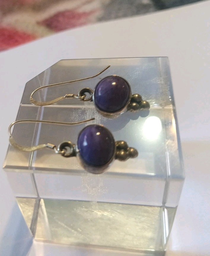 Vintage Sterling Silver Purple Iolite 1.25″ Dangle Hook Earrings