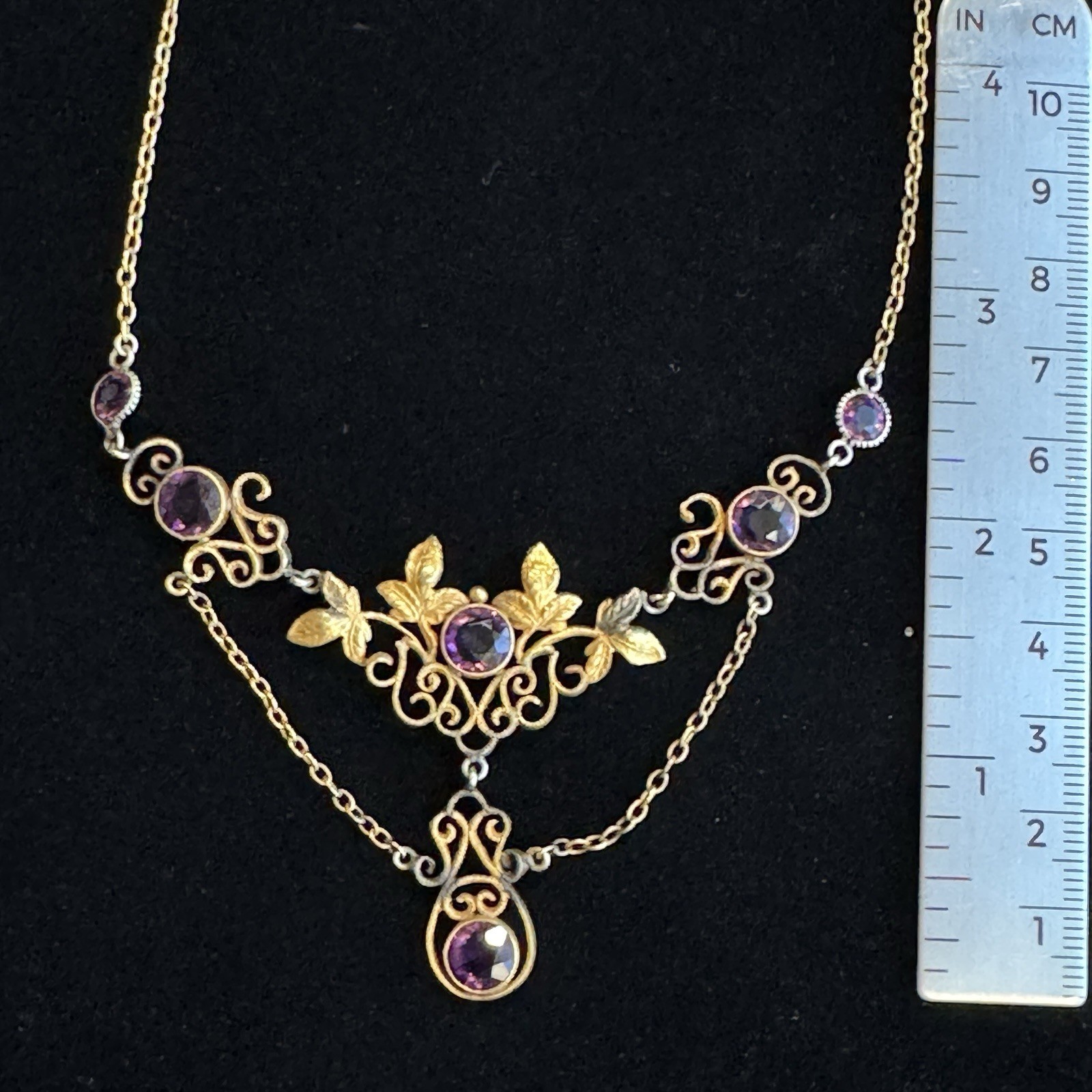 Vintage 12K GF Art Nouveau Revival Festoon Necklace Purple Glass Ivy Leaves
