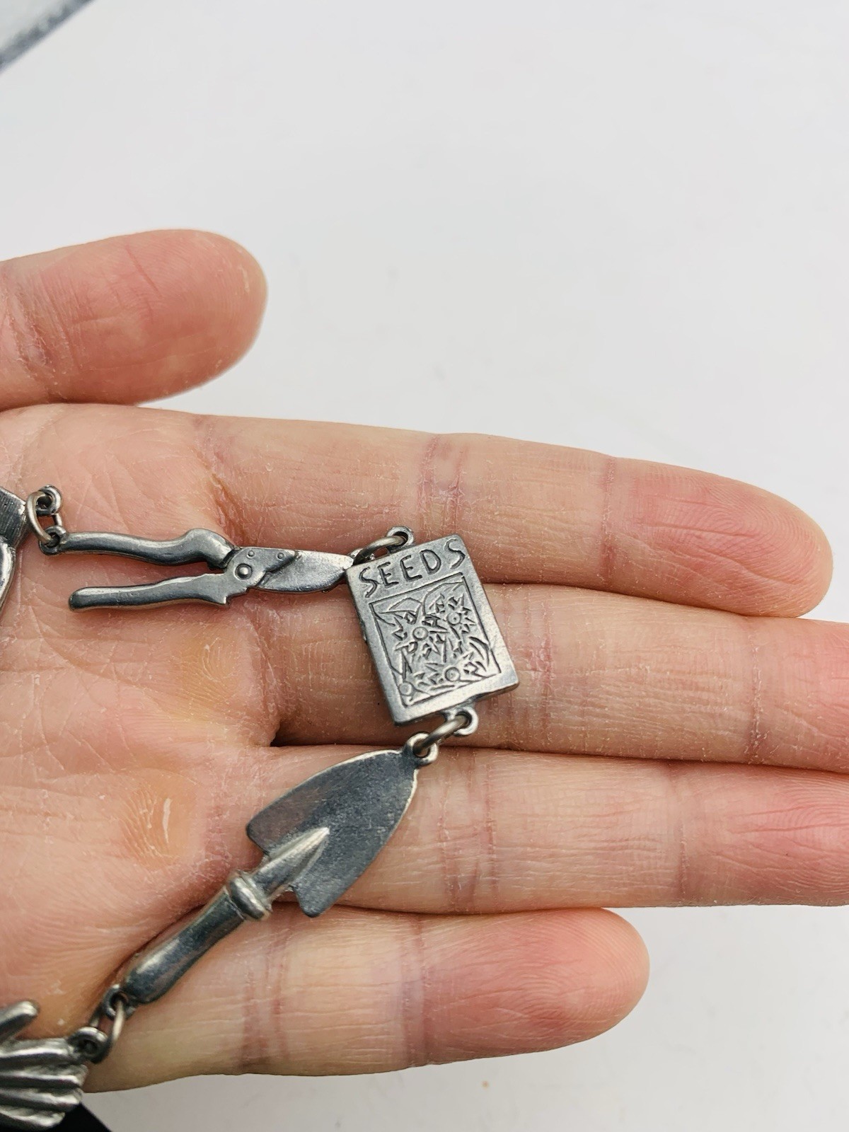 Vintage 7″ Signed Jim Clift Pewter USA Silver Tone Gardening Charm Bracelet