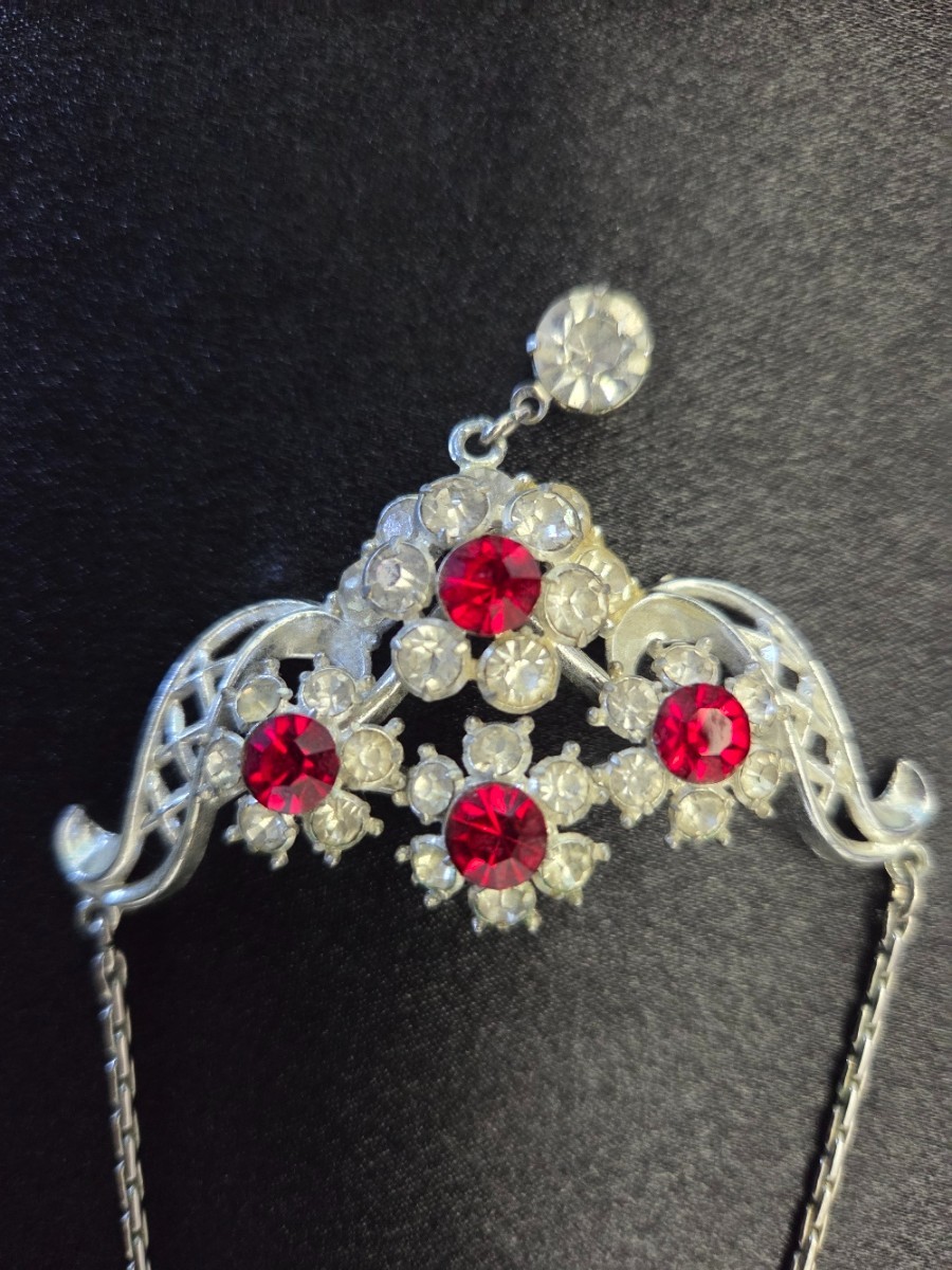 Vintage Style Silver Tone Filigree Necklace with Red Stones – Ornate Statement P