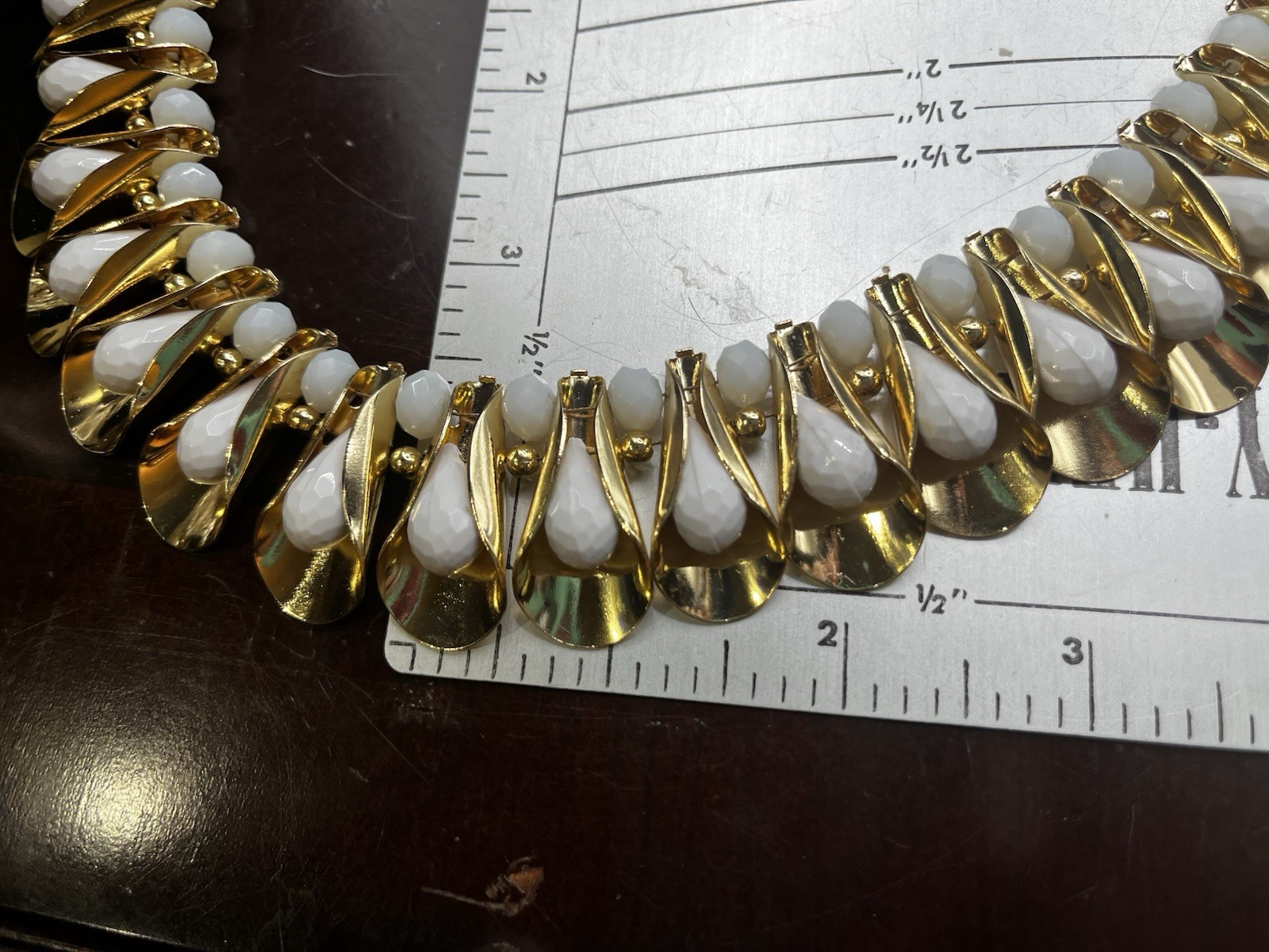 Miriam Haskell Faceted White Beaded Fluted Gold Tone Statement Collar Necklace
