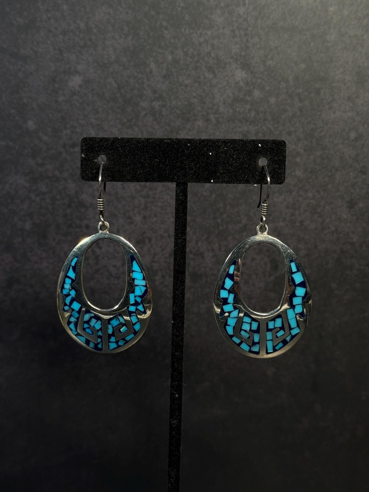 Taxco Sterling Silver Turquoise Chip Inlay Dangle Earrings TC-29