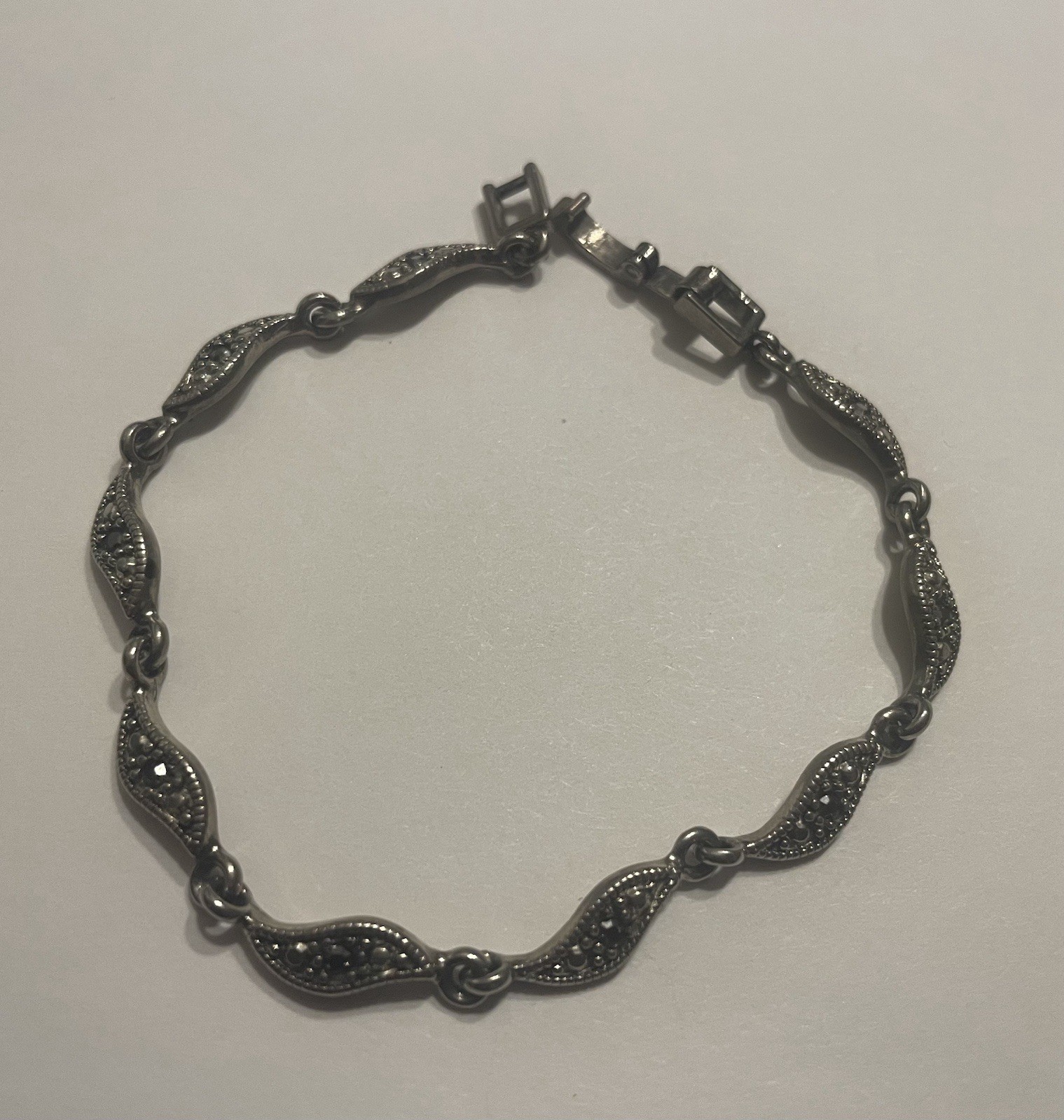 Vintage Marcasite Bracelet Silver Tone Wave Leaf Design Art Deco Style