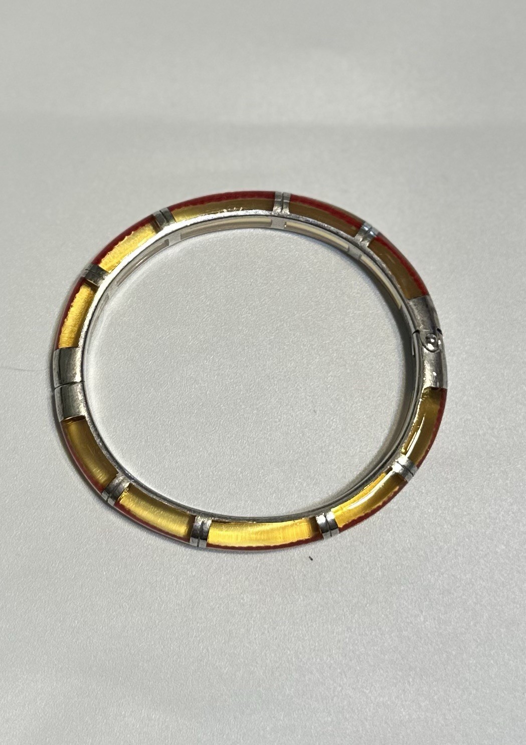 Vintage Sterling Yellow Lucite Bangle Bracelet With Red Line Hinge Opening