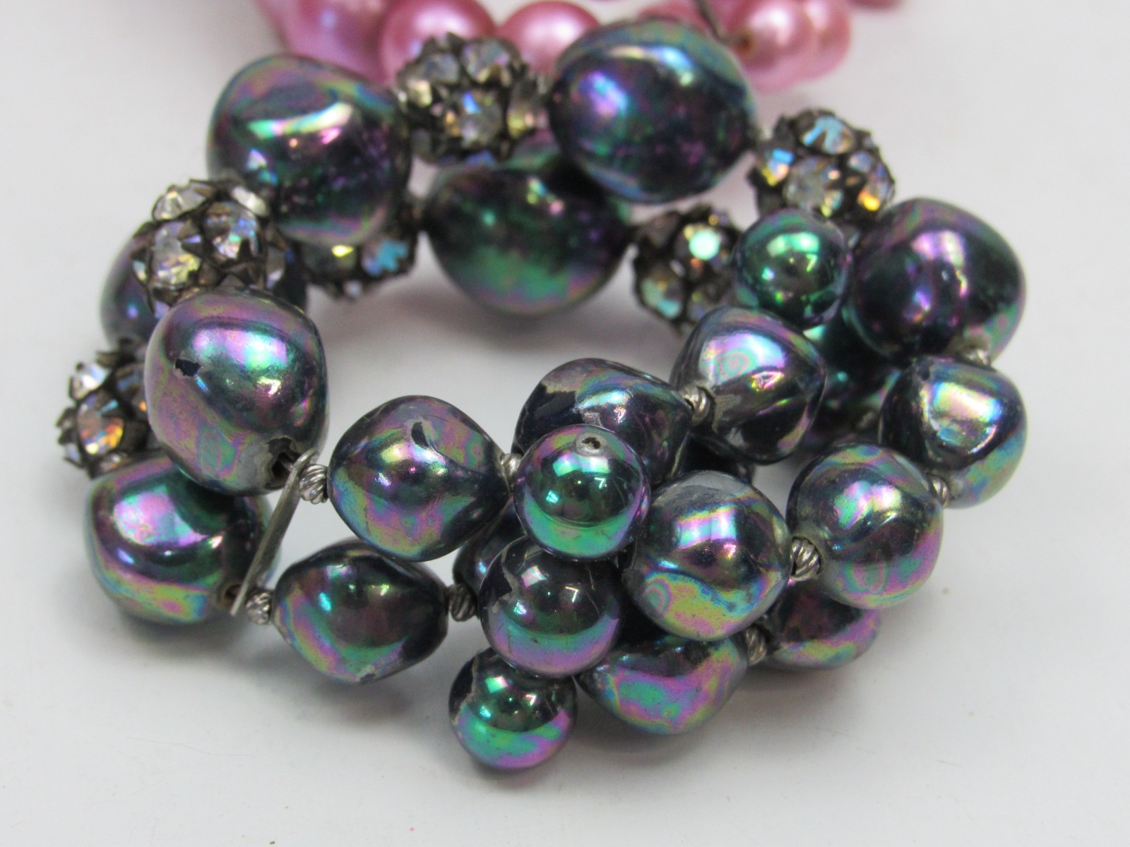 3 Vintage Beaded Stretch Cuff Bracelets Lot Pink Iridescent Rhinestone