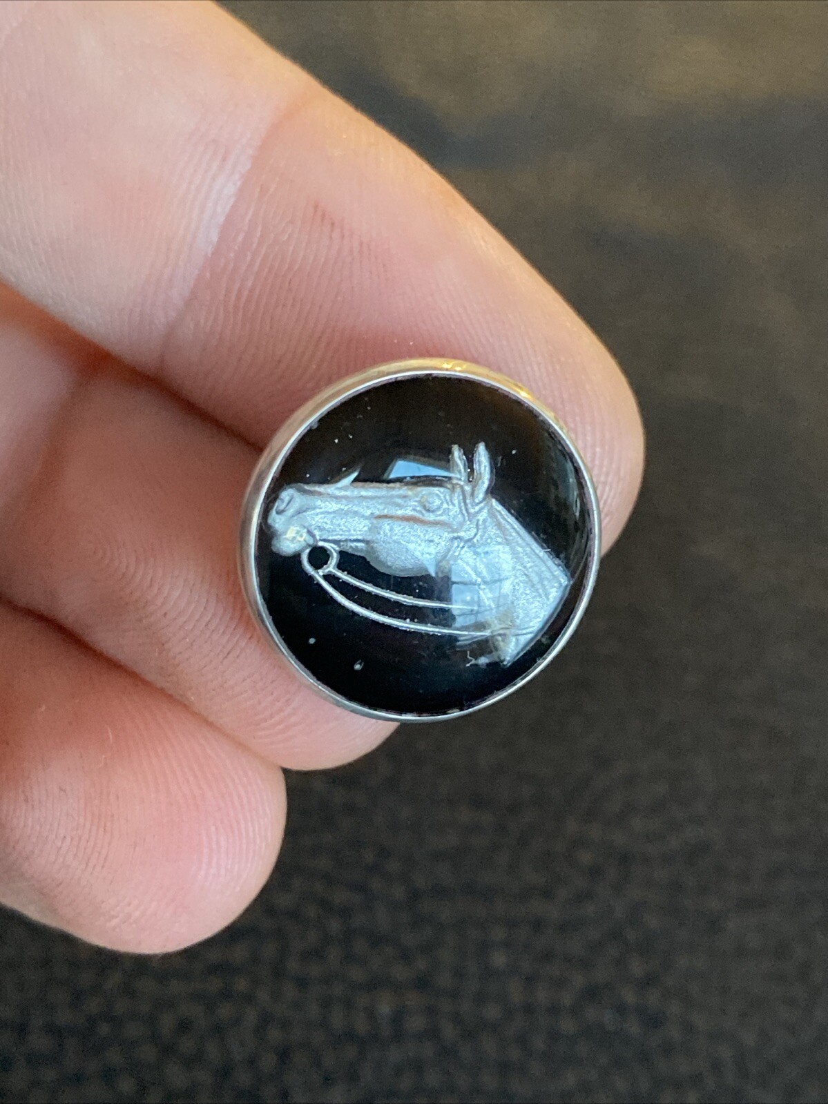 Antique Bubble Goofus Glass Reverse Painted Carved Intaglio Horse Equestrian Pin