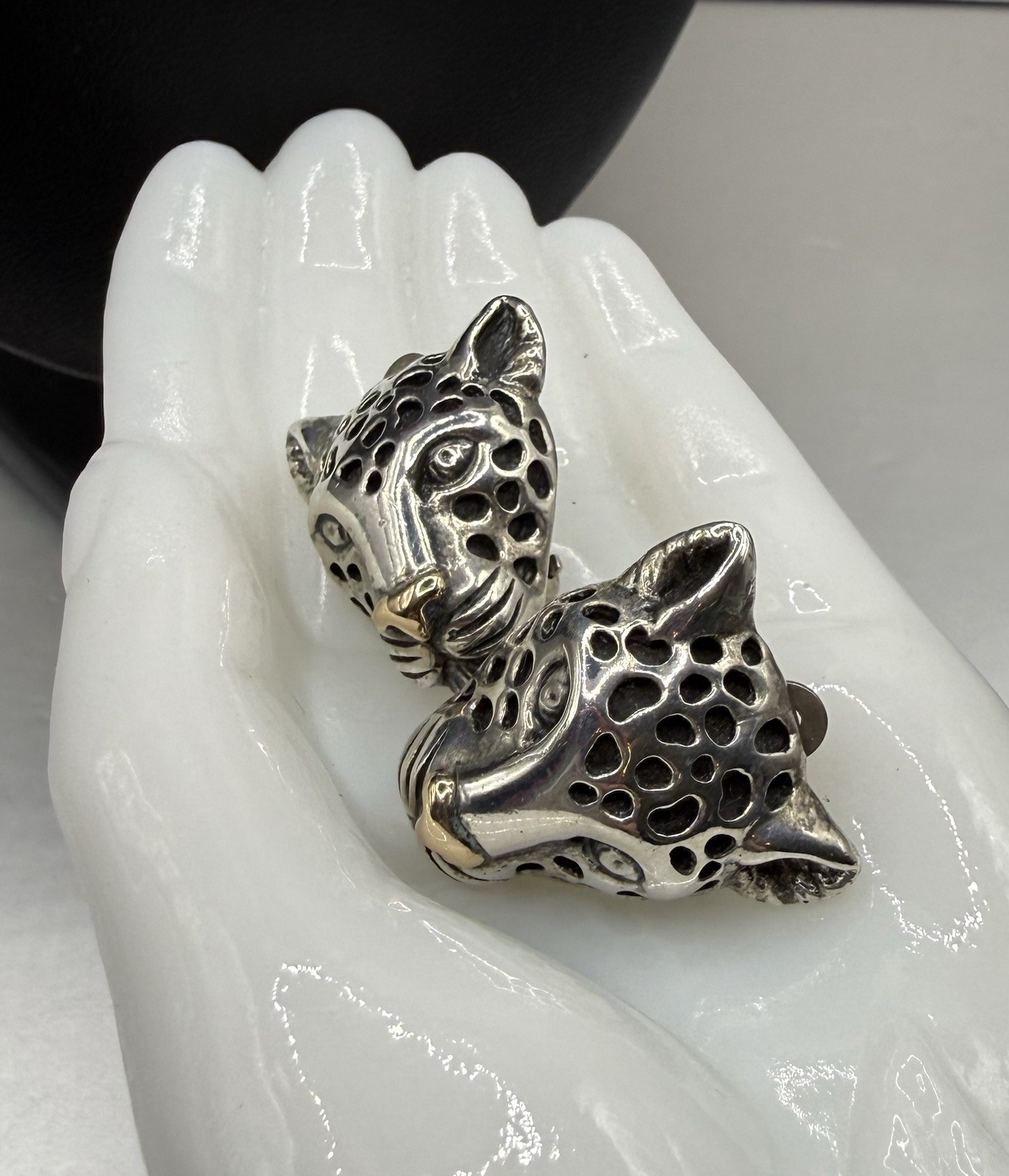 Dian Malouf Sterling Silver 925 & 14k Gold Leopard Head Clip on Earrings