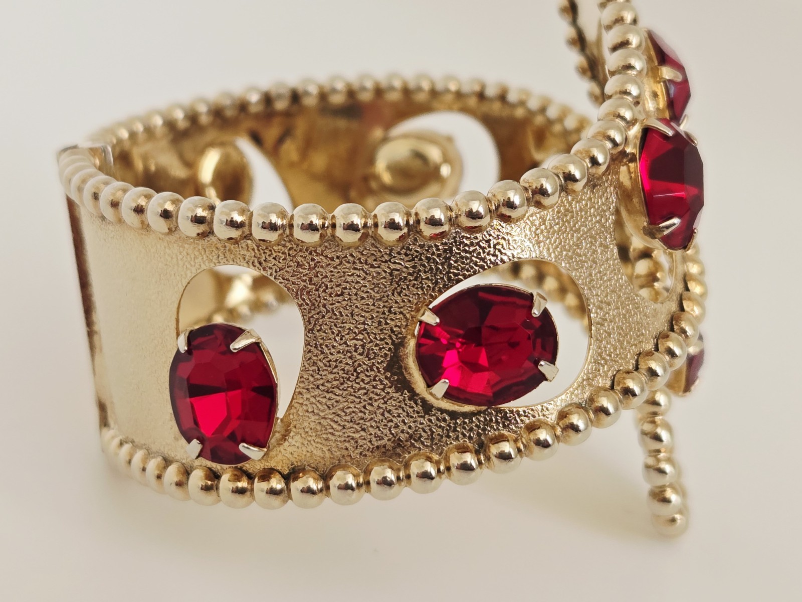 Vintage MCM Gold Tone Red Rhinestone Statement Clamper Bracelet