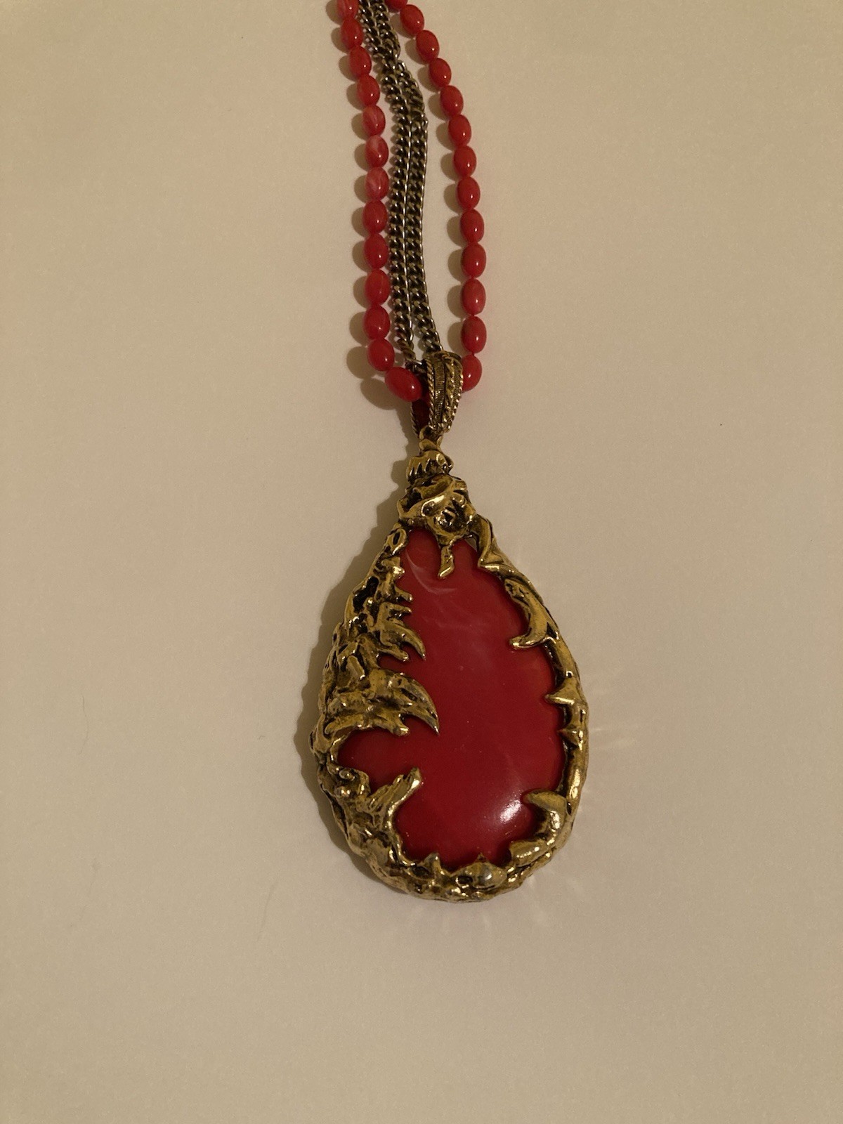 Vintage 1960s Brutalist Love Witch Necklace Deep Coral Lucite Gold Pendant