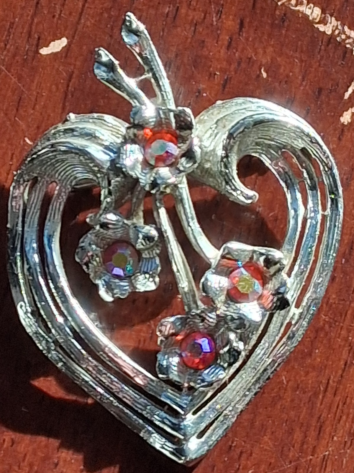 Vintage Silver Tone Heart Pin Brooch With Aurora Borealis Rhinestones