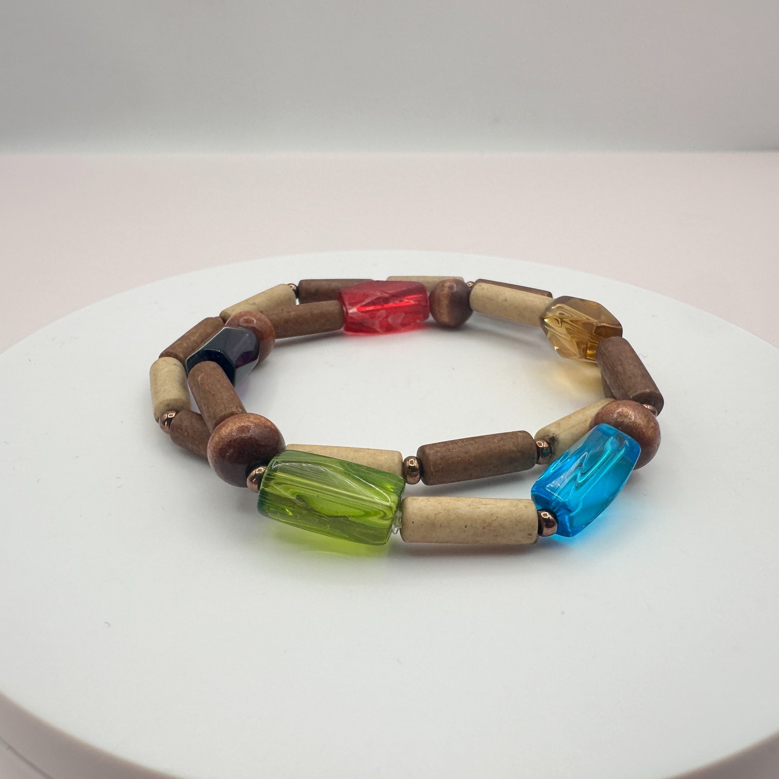 Vintage 90s Glass & Wood Bead Bracelets Set Boho Earthy Women’s Fashion Jewelry