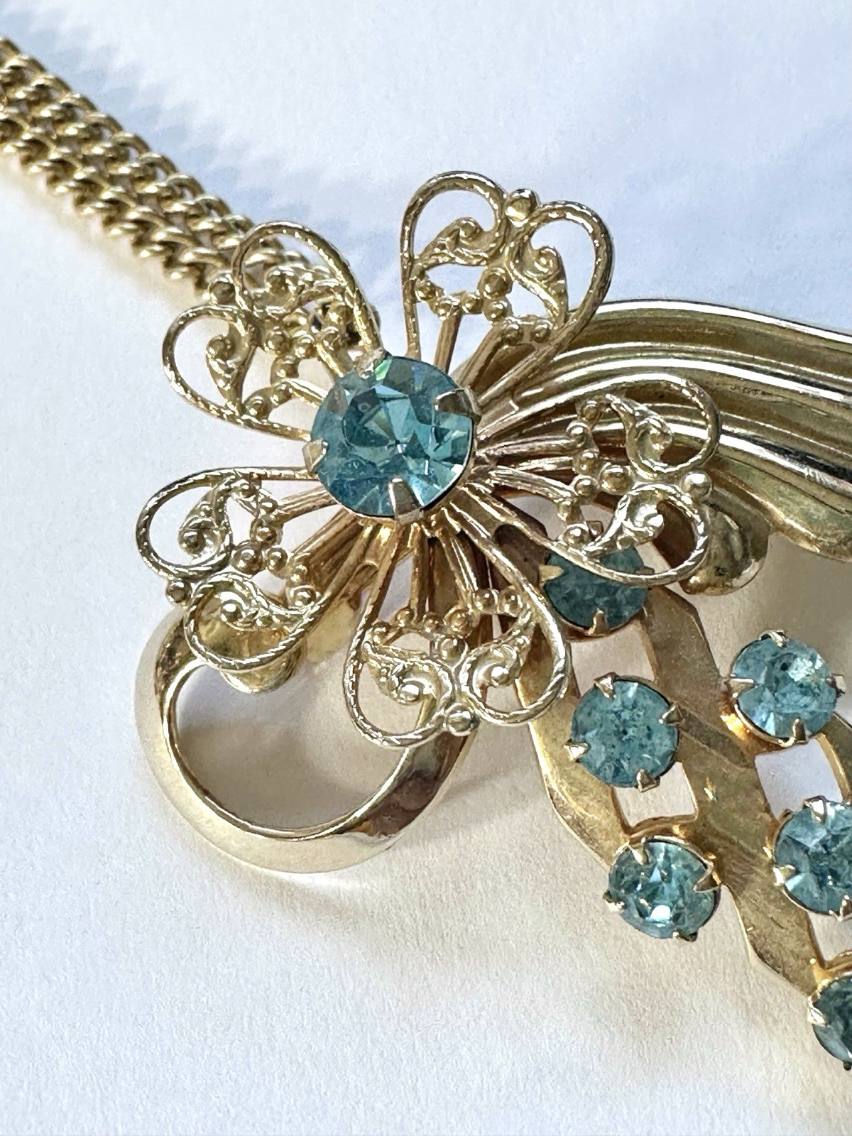 Vintage Set Rhinestone Brooch Pendant Blue Glass Prong Cuff Chain Clip Earrings