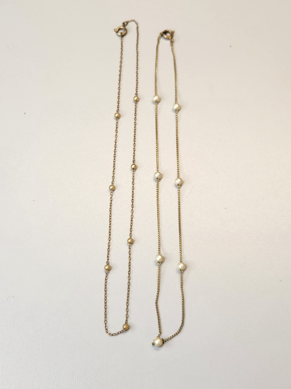 Lot of 2 Vintage Faux-Pearl Necklace Gold Tone Chain Spring Ring