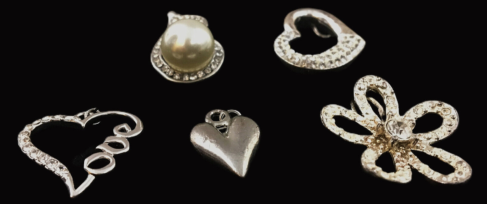 Lot of 5 Vintage SilverTone Pendants Faux Pearl Rhinestone Love Hearts Flower