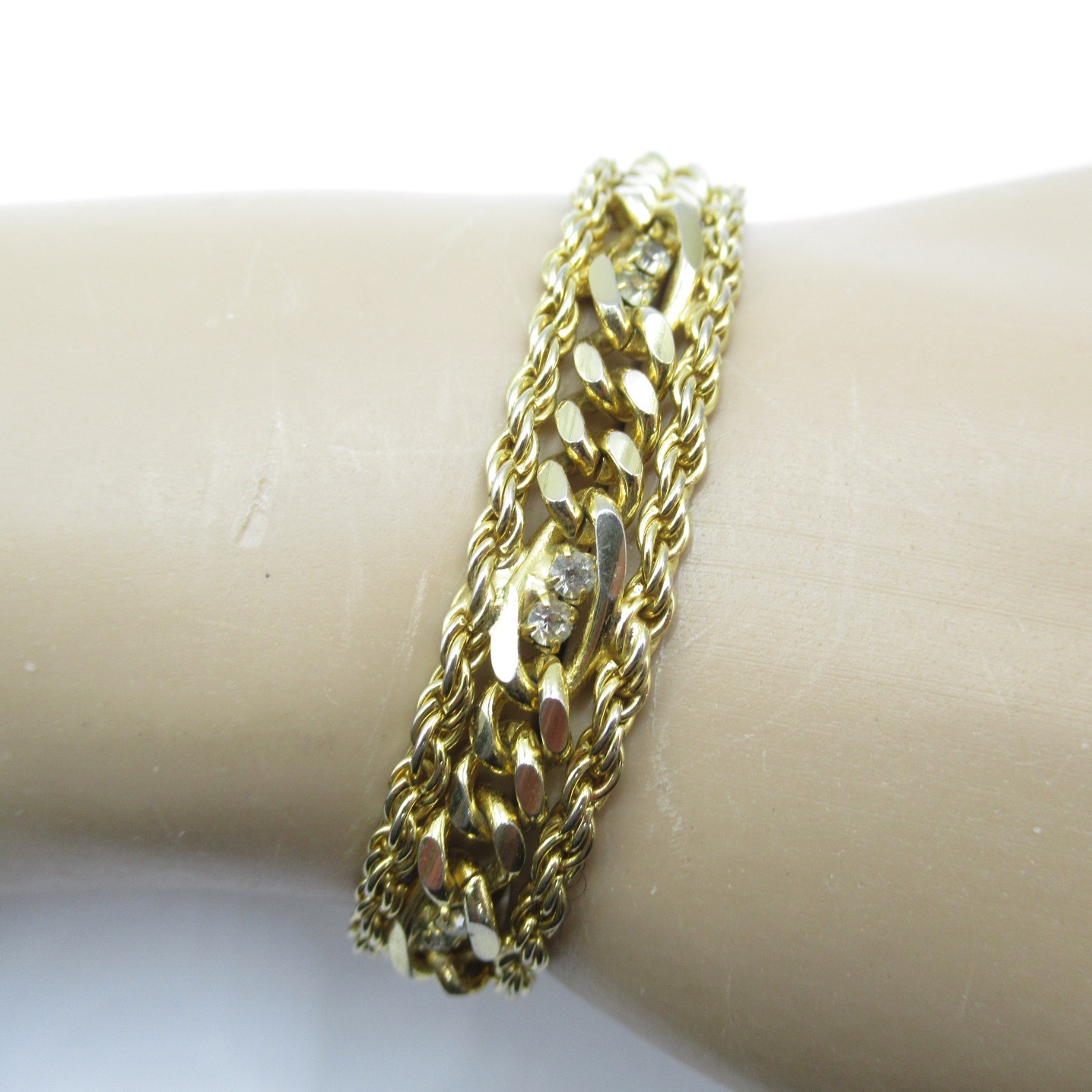 Gold Tone Triple Strand Vintage Chain w Rhinestones Bracelet Woman’s