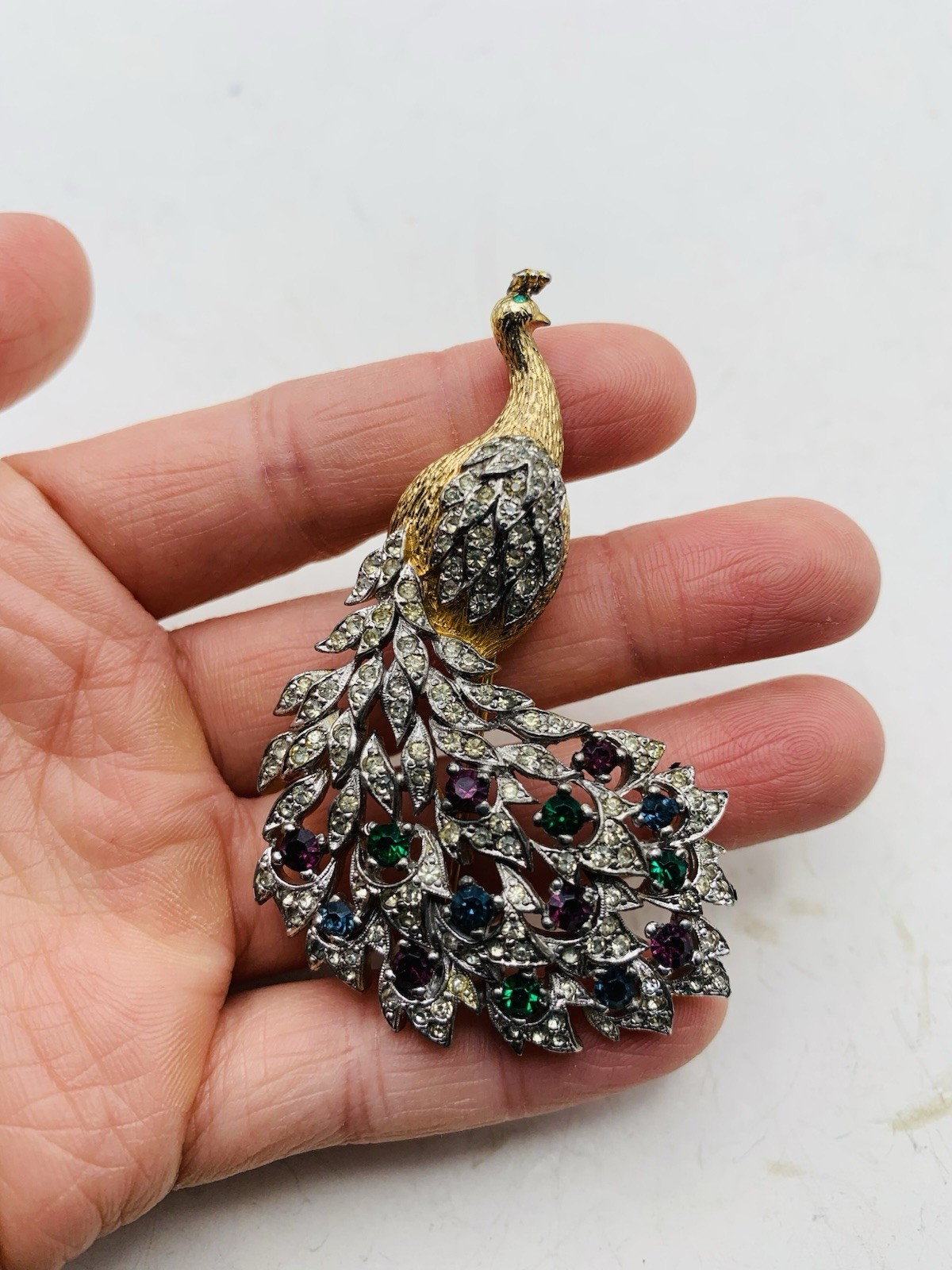 Vintage Signed Panetta Peacock Bird Crystal Gold Tone Blue Purple Green Brooch