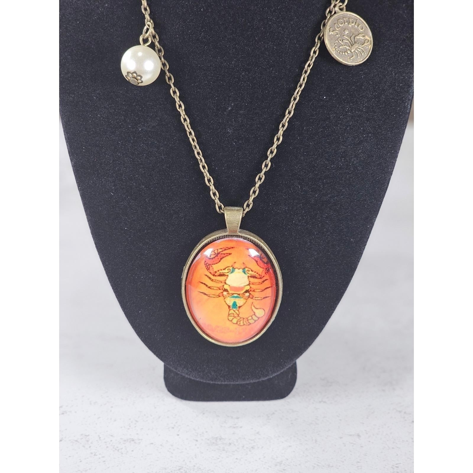 Vintage Scorpio Zodiac Necklace Orange Scorpion Cabochon Gold Tone