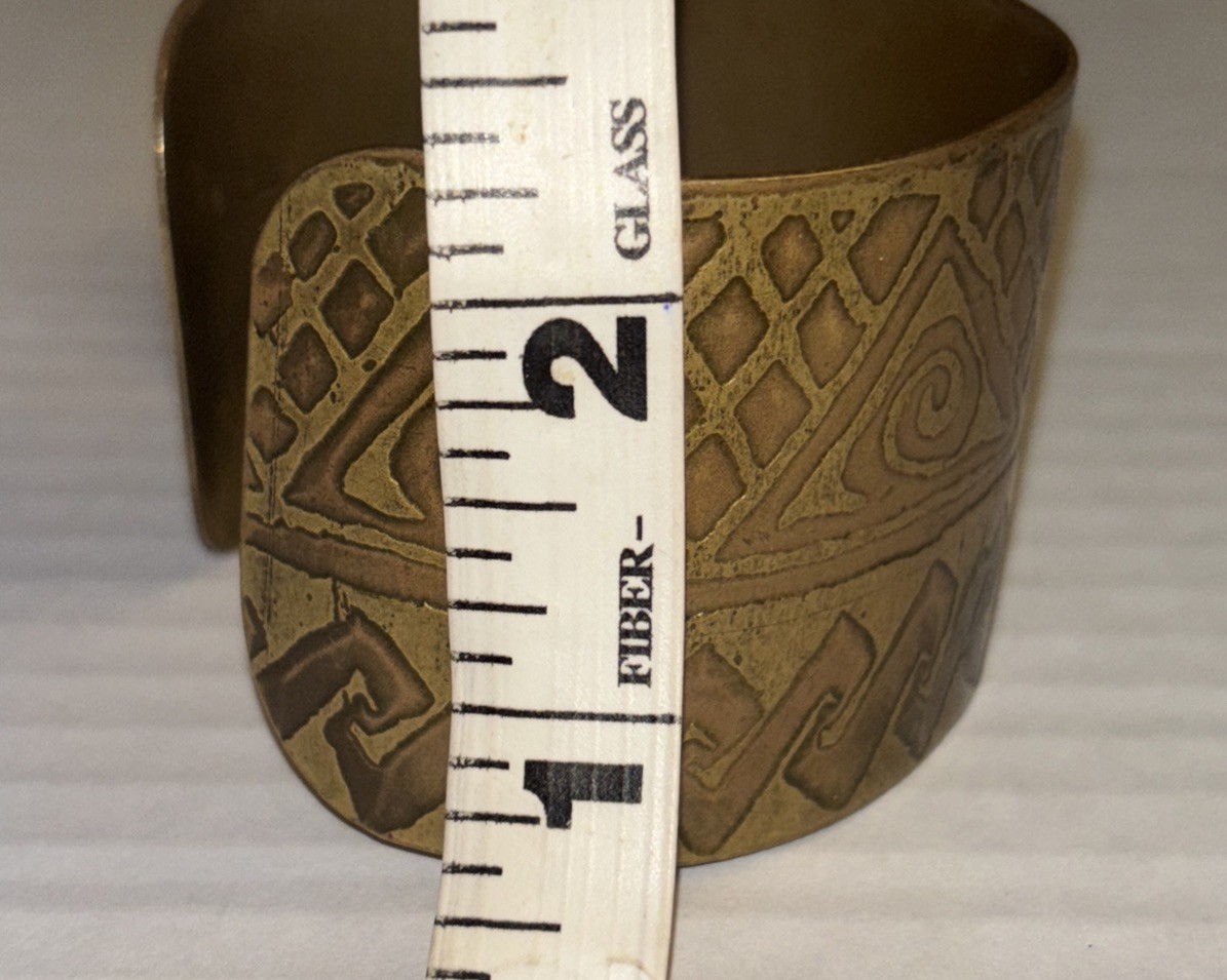 Vintage Tribal Etched Brass Brutalist Wide Cuff Bracelet Boho Statement Bangle