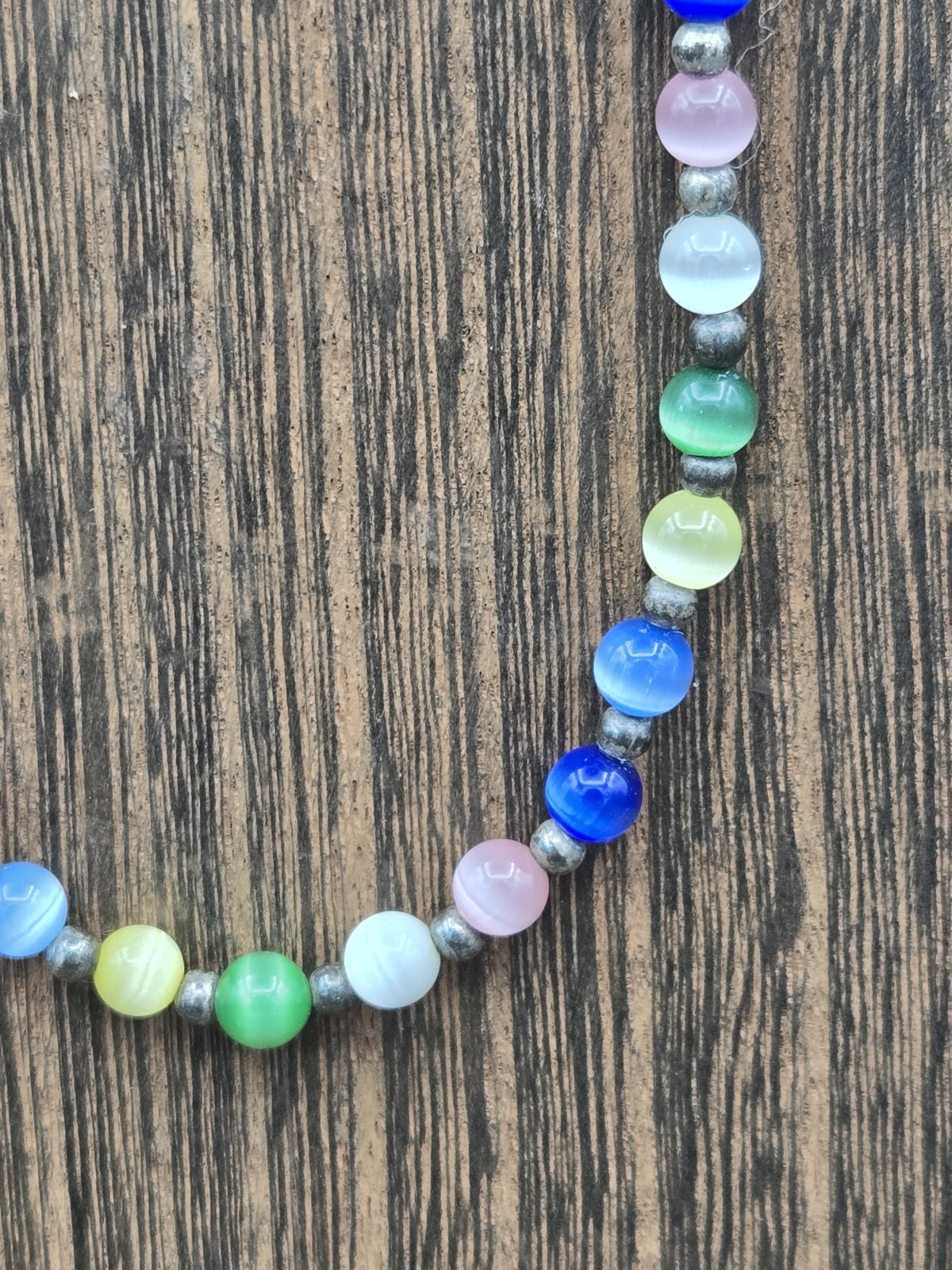925 Sterling Silver Multicolor Glass Cat Eye Bead Necklace 18″ and Bracelet 7.5″