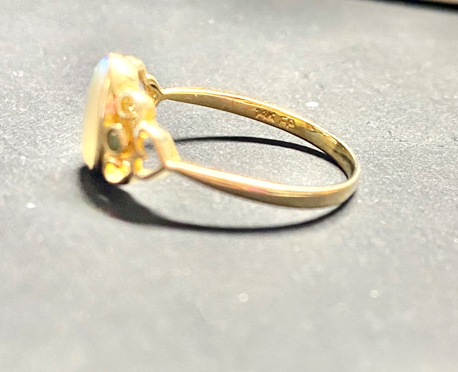 Vintage 14k Yellow Gold Heart Design Opal and Green Diamond Ring Size 7 to 7.25