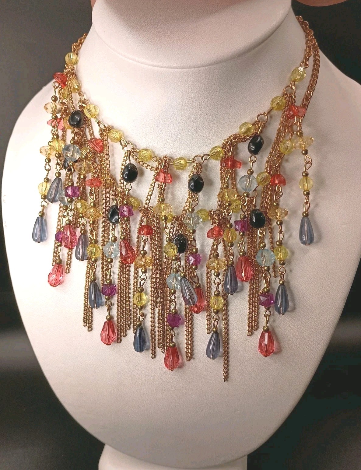 Vintage Beaded Tassel Necklace Bib Fringe Brass Gold Tone Multicolor 21″ READ