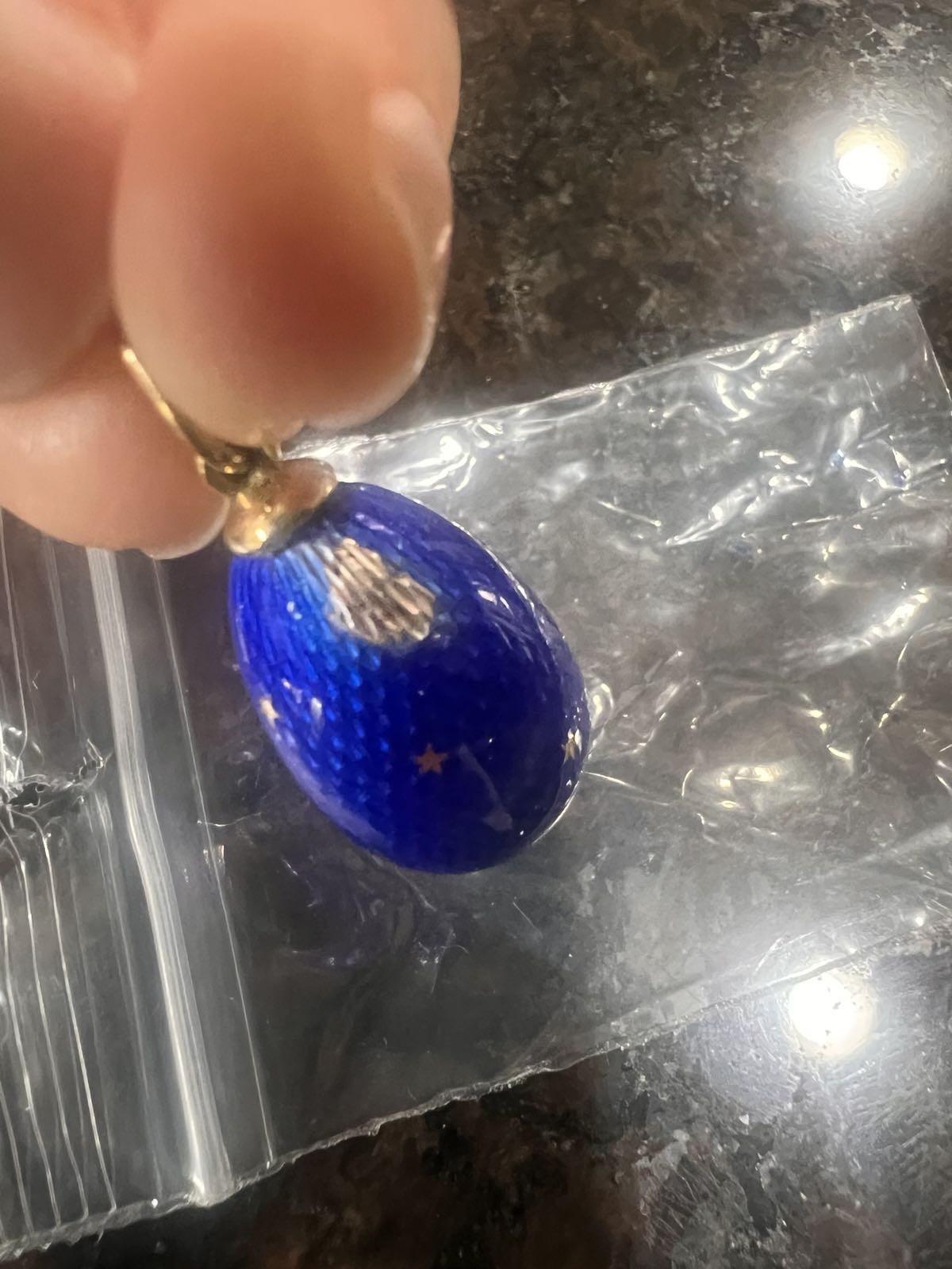 Soviet Era Russian 960 Silver & 18K Gold Blue Guilloche Enamel Egg Pendant