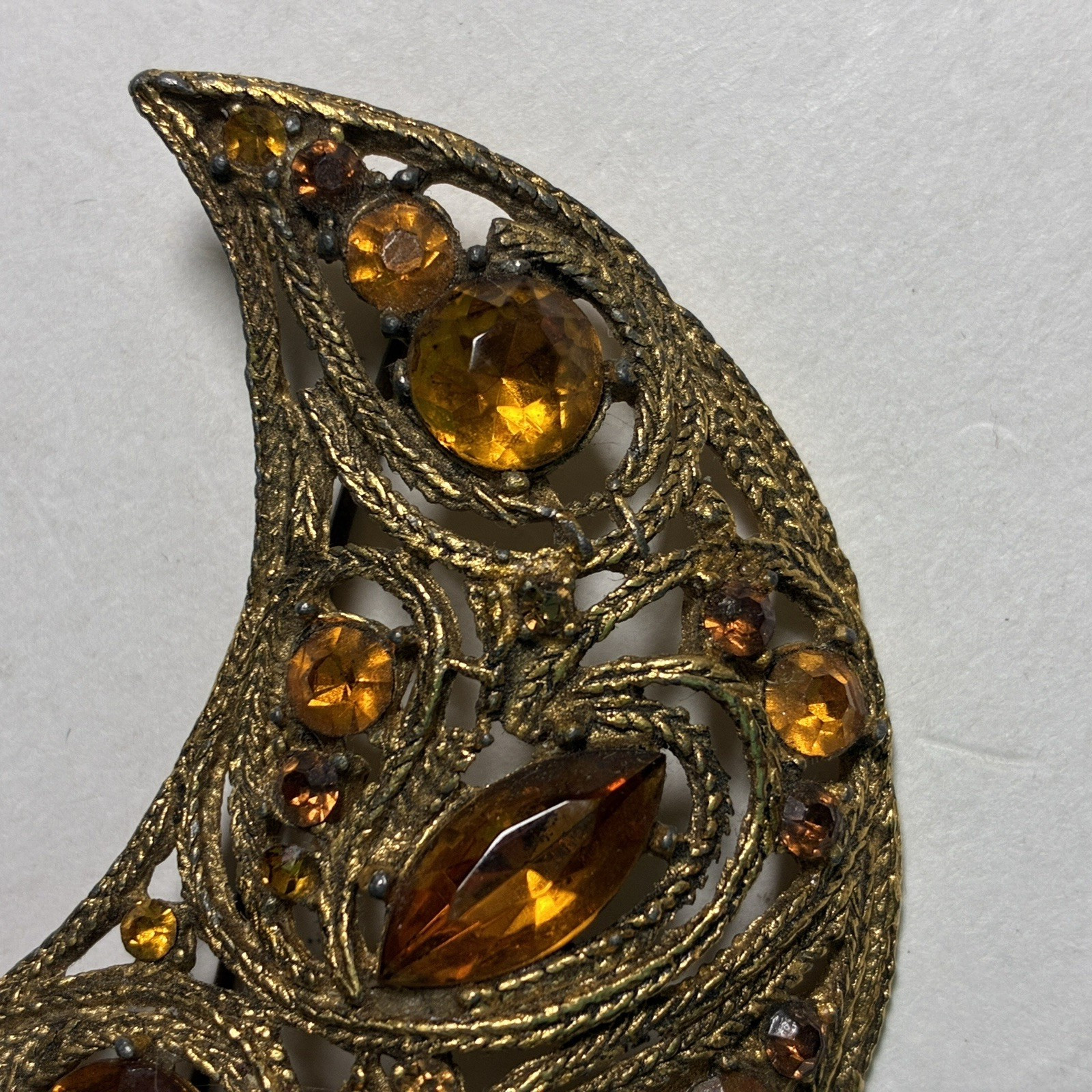 Large Vintage La Roco 1950s Half Moon Crescent Brooch Lapel Pin Faux Amber