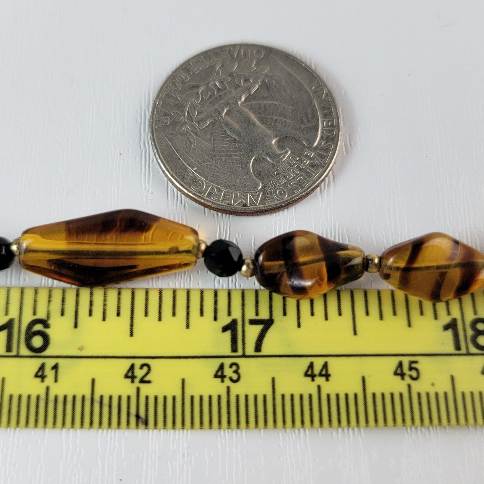 Vintage Faux Honey Amber Glass Beaded Necklace Gold Tone Fold Clasp 30 Inch