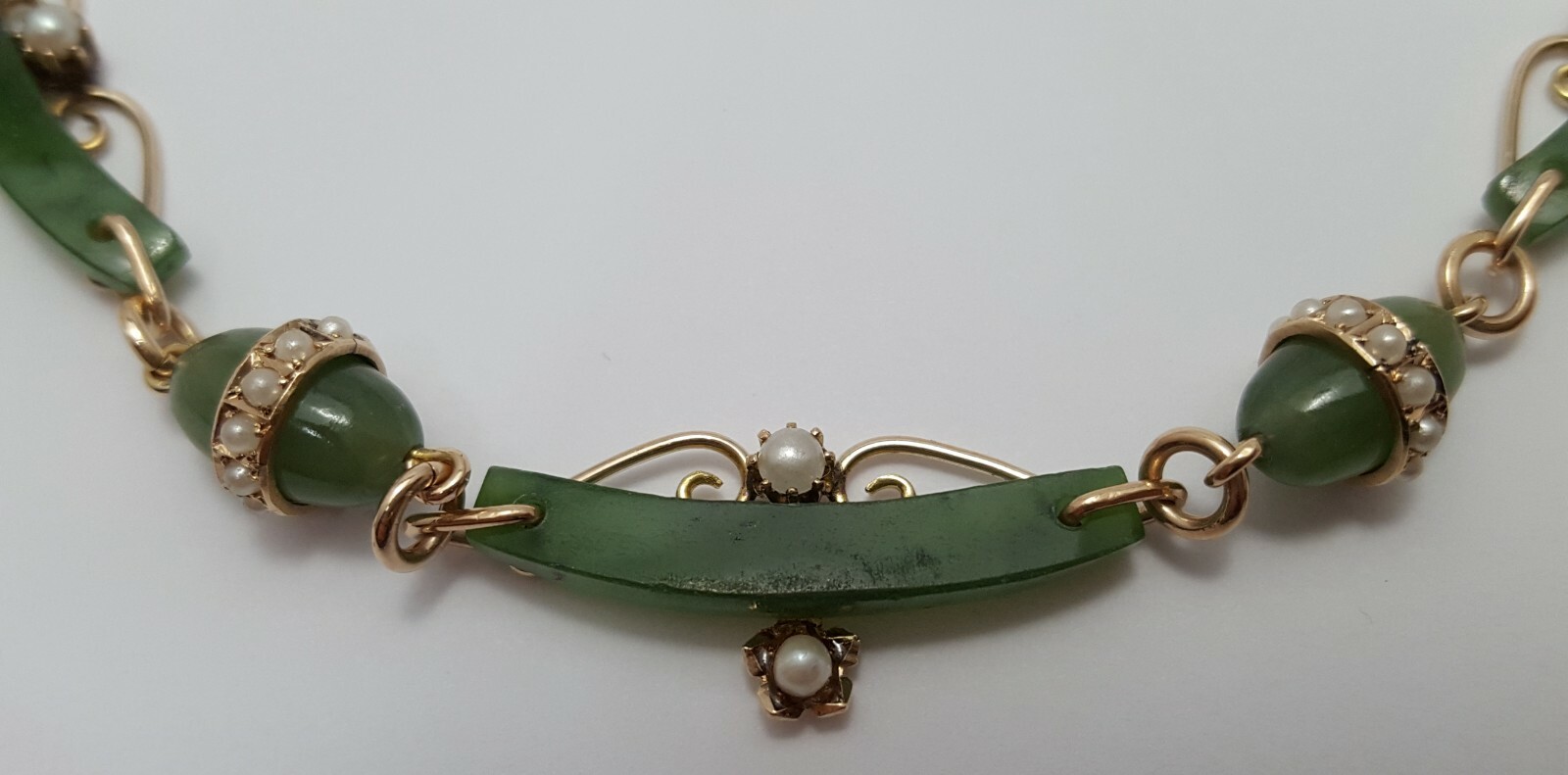 Vintage 9K Karat Solid Yellow Gold English Jade & Pearl Link Chain Necklace