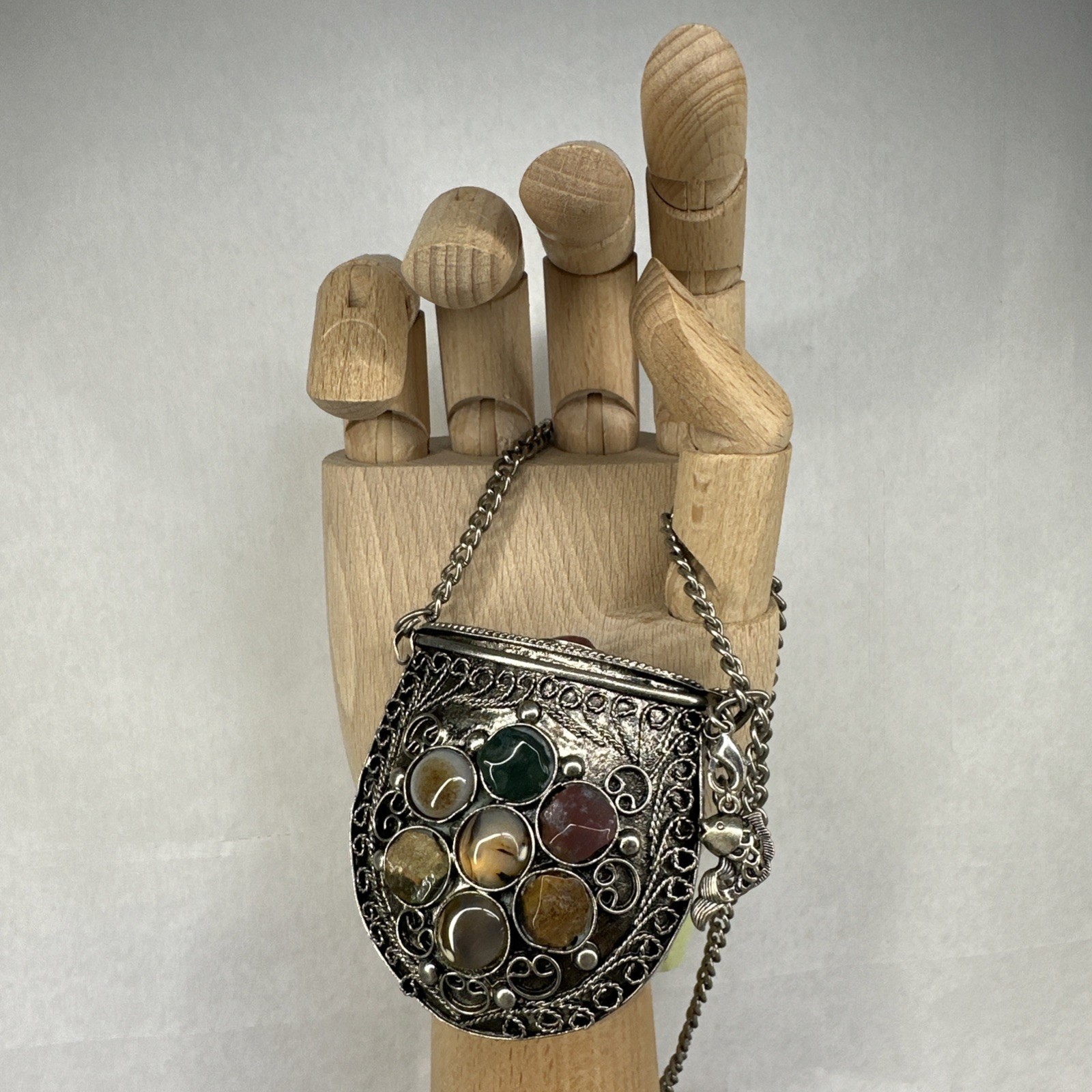 Vintage Small Silver-tone Sajai Metal Purse Necklace Agate Gemstones Tether Lid