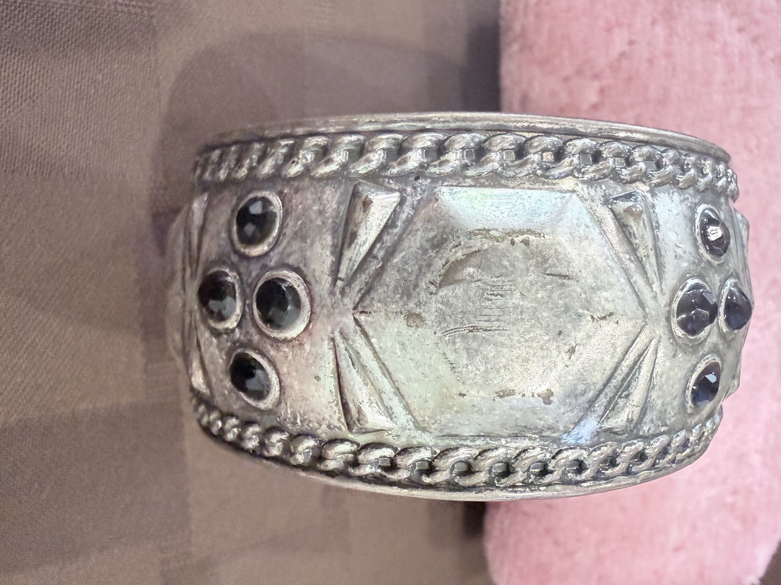 Vintage Wide Silvertone Tribal BangleBracelet with Black Stones