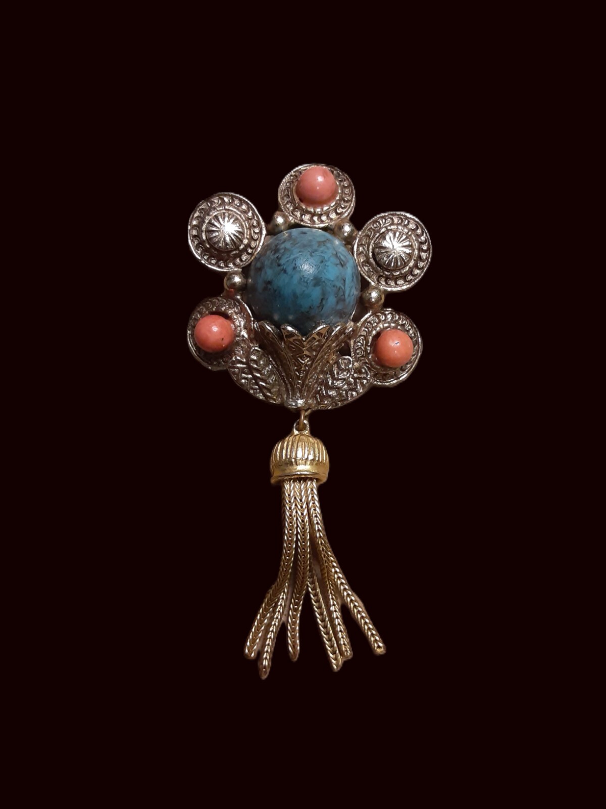 Vntg Boho Style Brooch Faux Turquoise & Coral