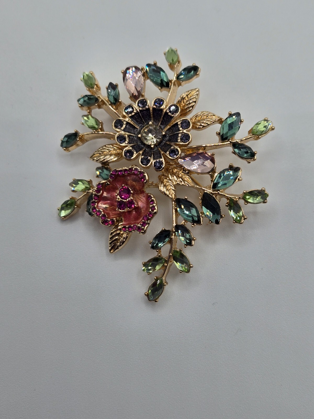 Napier Flower Brooch Gold Tone Enamel Green White Pink Purple Stones