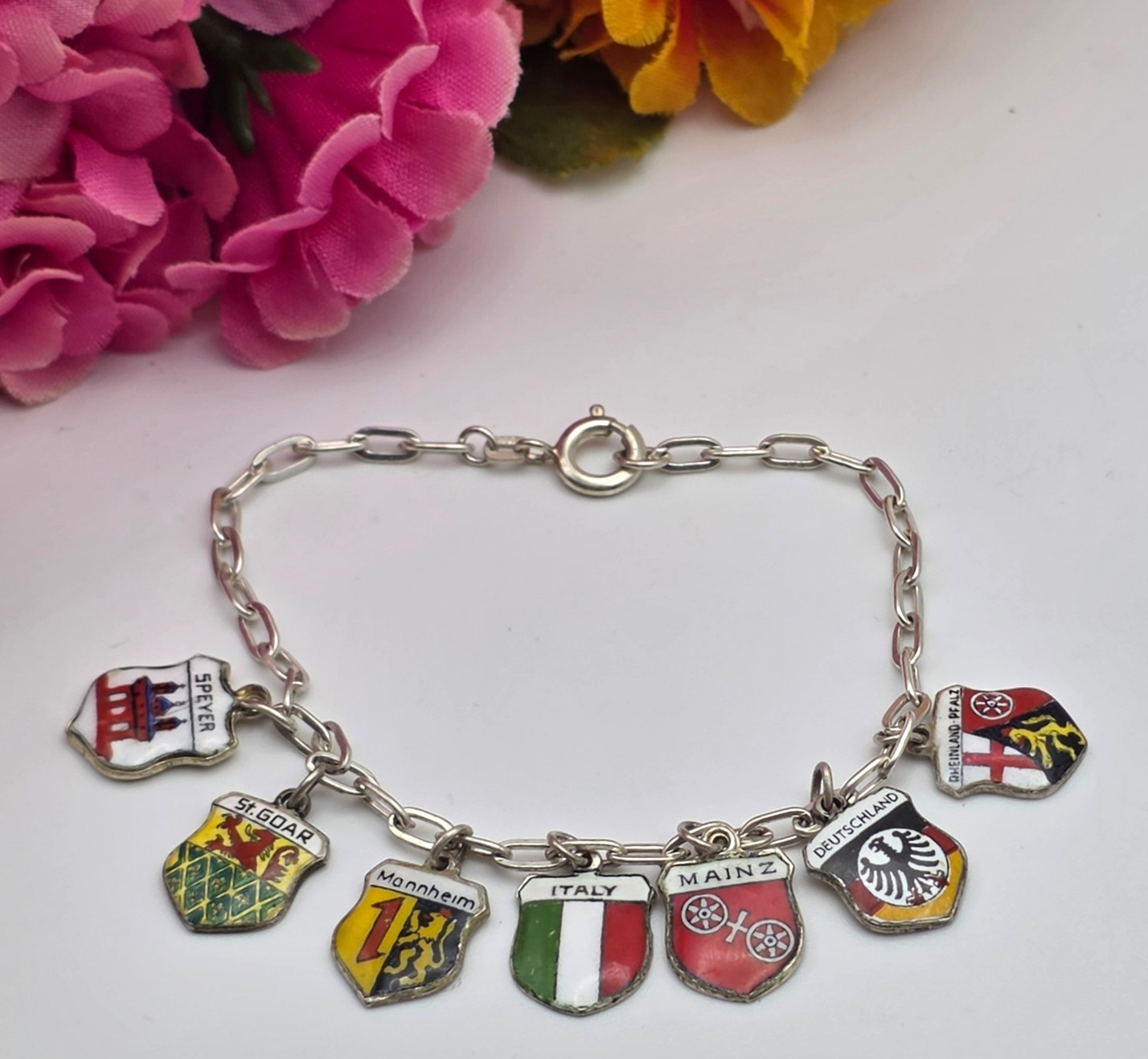 Vintage 800 Silver Enamel Travel Shield Charm Bracelet Germany Italy ANTIKO 7″