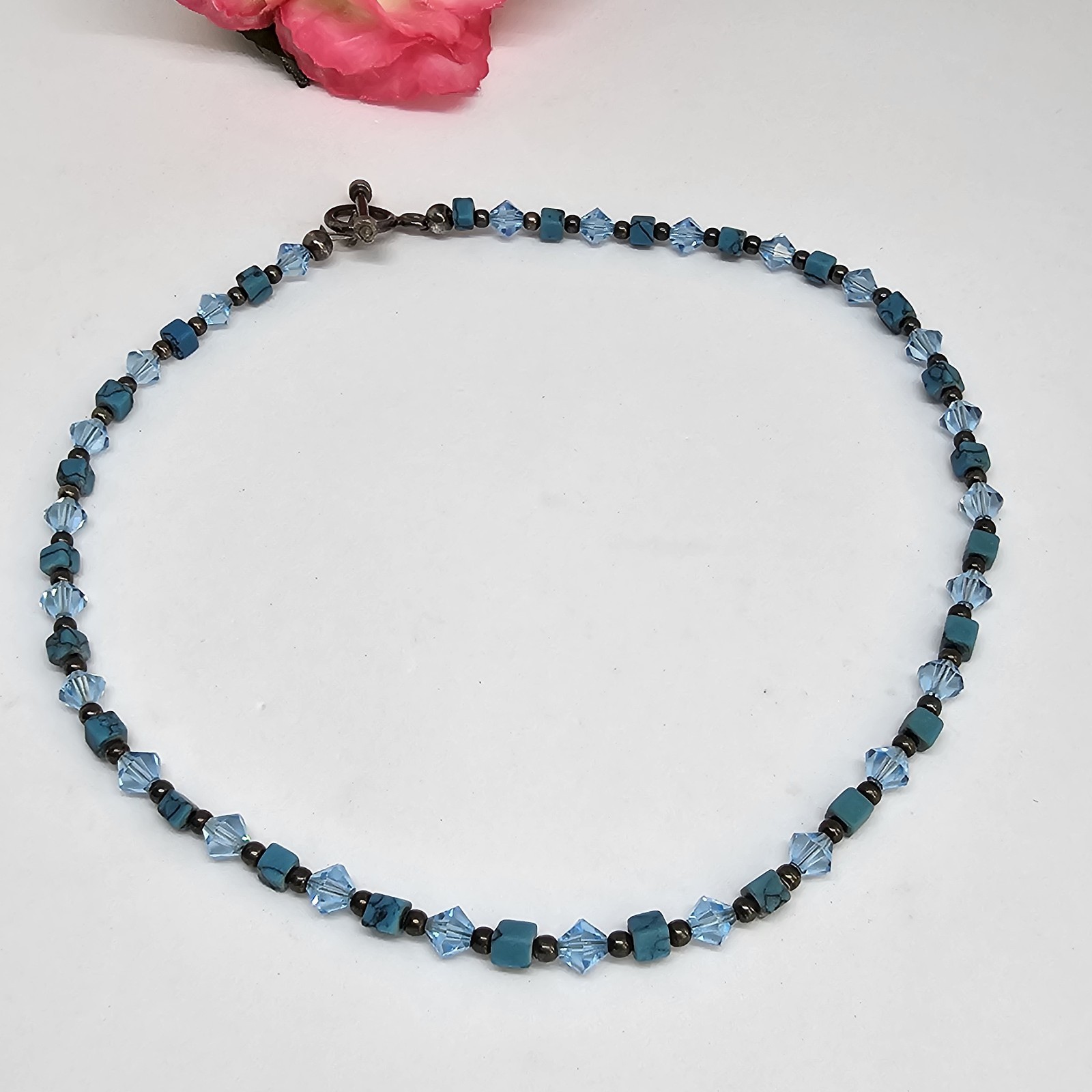 Blue Crystal & Howlite Stone Beaded Choker Necklace 925 Sterling Silver Clasp