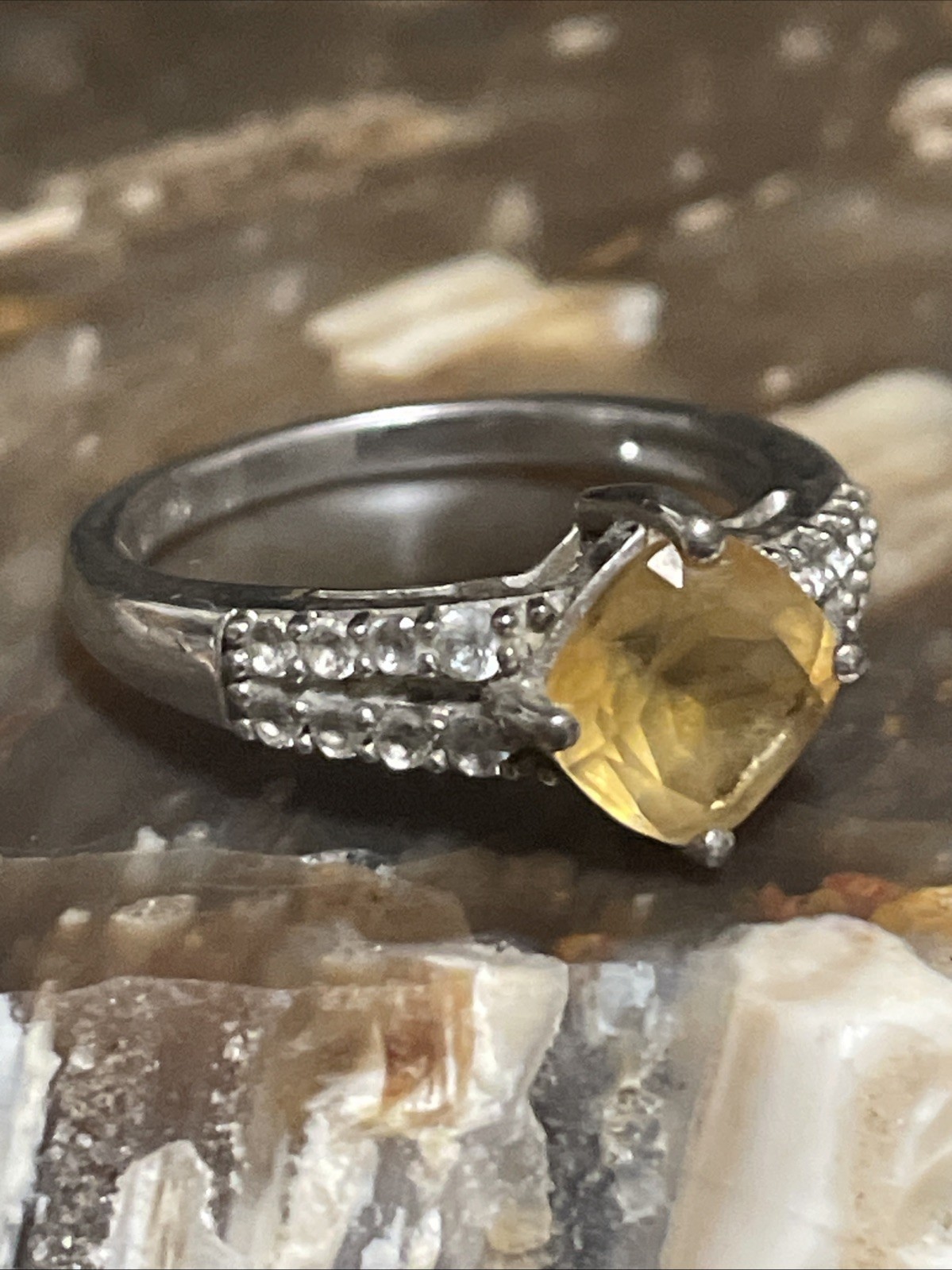 Citrine, Cubic Zirconia & Sterling Silver Cocktail Ring Size 7