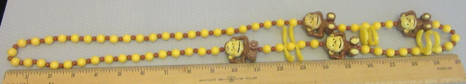 Vintage Plastic Monkey and Bananas Yellow Bead Necklace No Clasp Fun Funky 40″