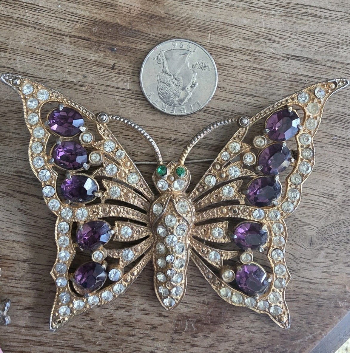 Huge Goldtone Deco Butterfly Brooch 4 In Span