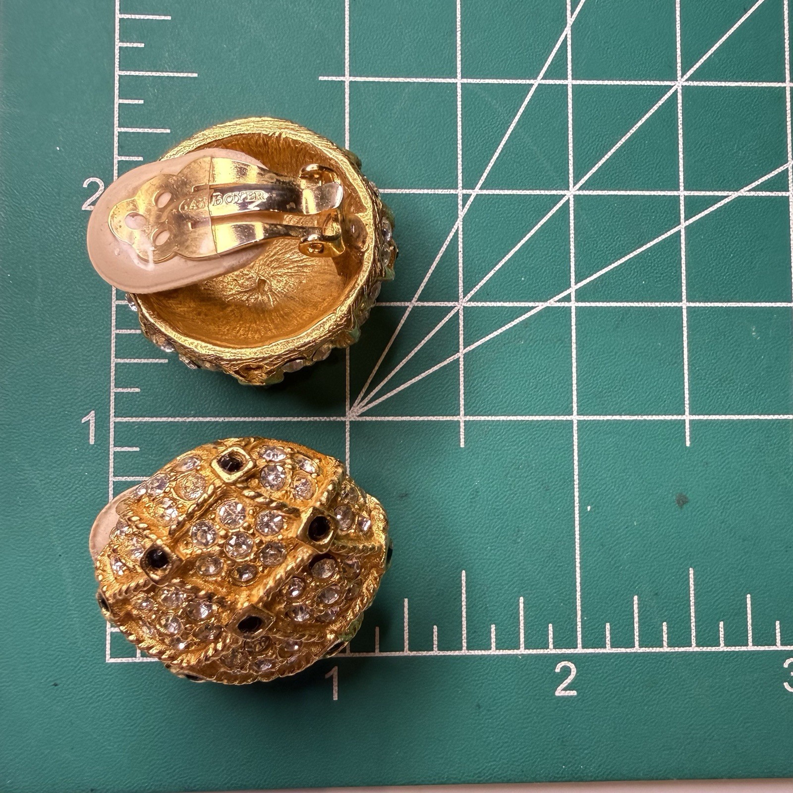Gay Boyer Signed Vintage Gold tone Rhinestone Clip on Statement earrings