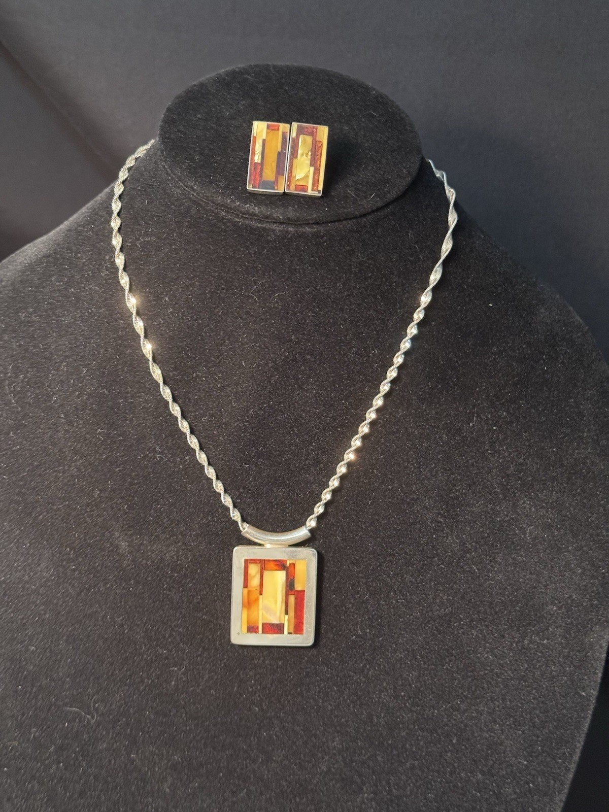 Vintage JZ Inlay Baltic Egg Yolk & Cognac Amber 925 Silver Pendant & Earrings