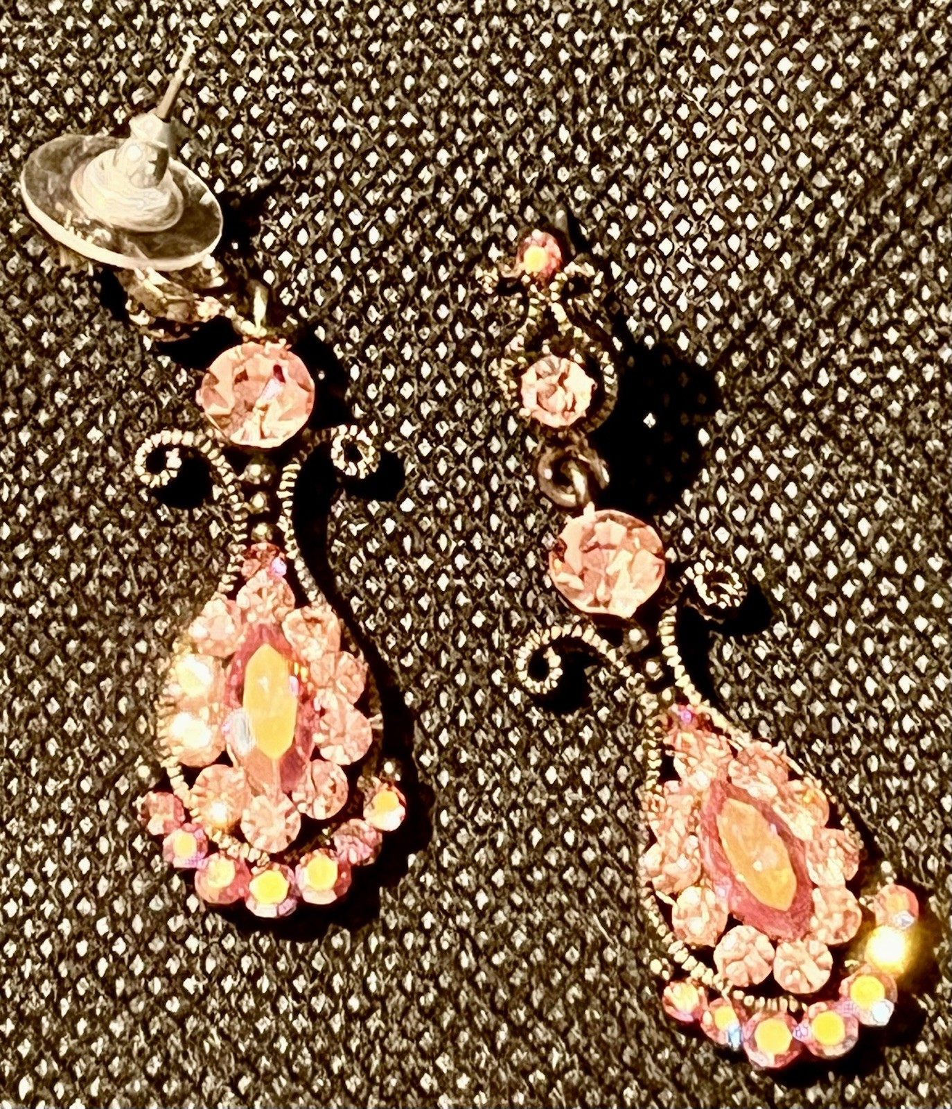 SNK Pink AB Quality Crystal Chandelier Earrings Gunmetal Base Art Deco Victorian
