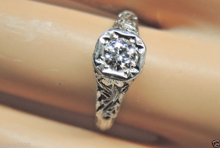 Antique Art Deco Diamond Engagement 17K White Gold Ring Size EGL USA