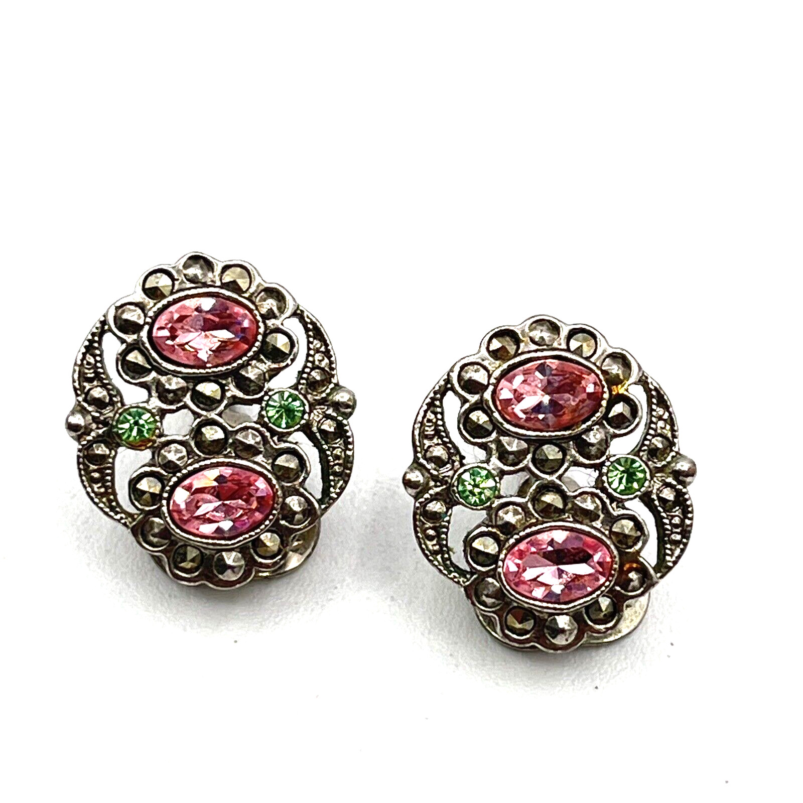 Vintage 1928 Brand Earrings Pink Rose and Green Rhinestone Clip Earrings 3/4″