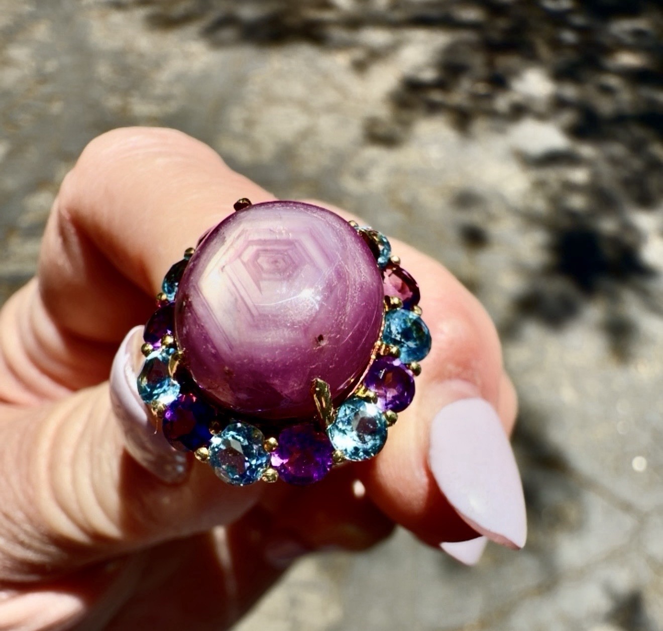 Hex Pink Sapphire Cabochon Ring. Topaz and Amethyst accents