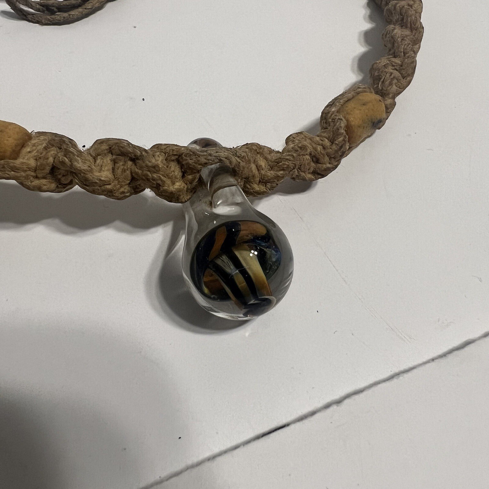 Vintage Blown Glass Hippie Mushroom Pendant Hemp Rope Necklace 70’s