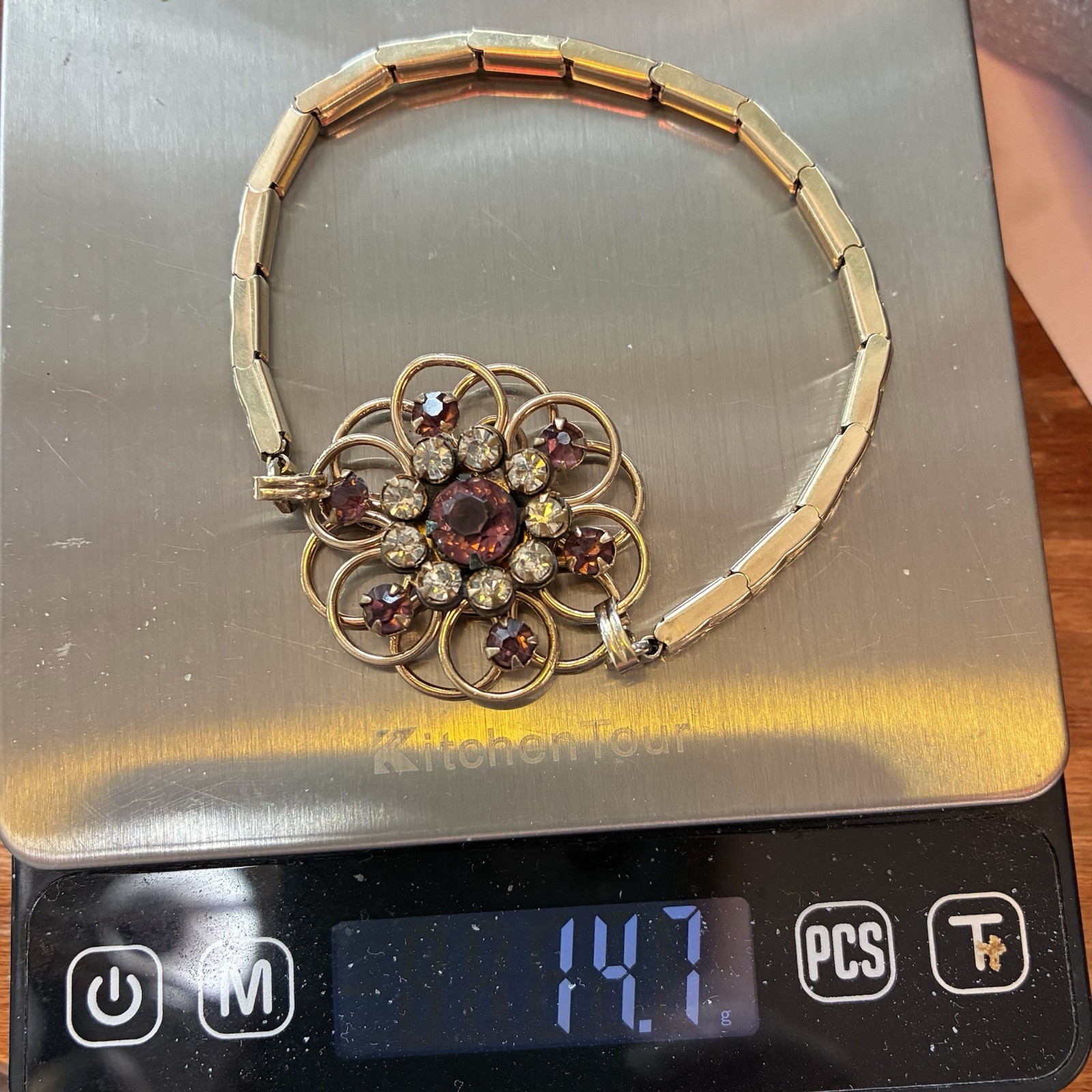 Custom Vintage Yellow Gold Filled Expansion Bracelet, Amethyst Glass, Watch Band