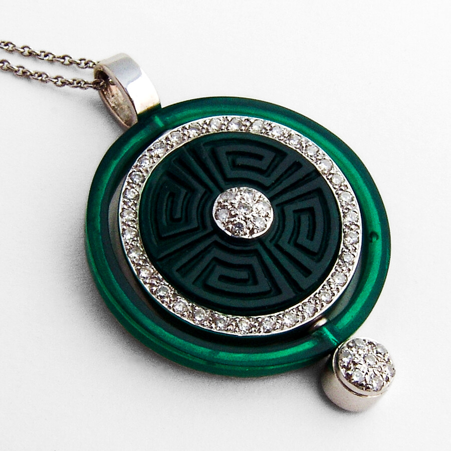 Chinese Circle Symbol Pendant Diamonds 14K White Gold Green Ceramic