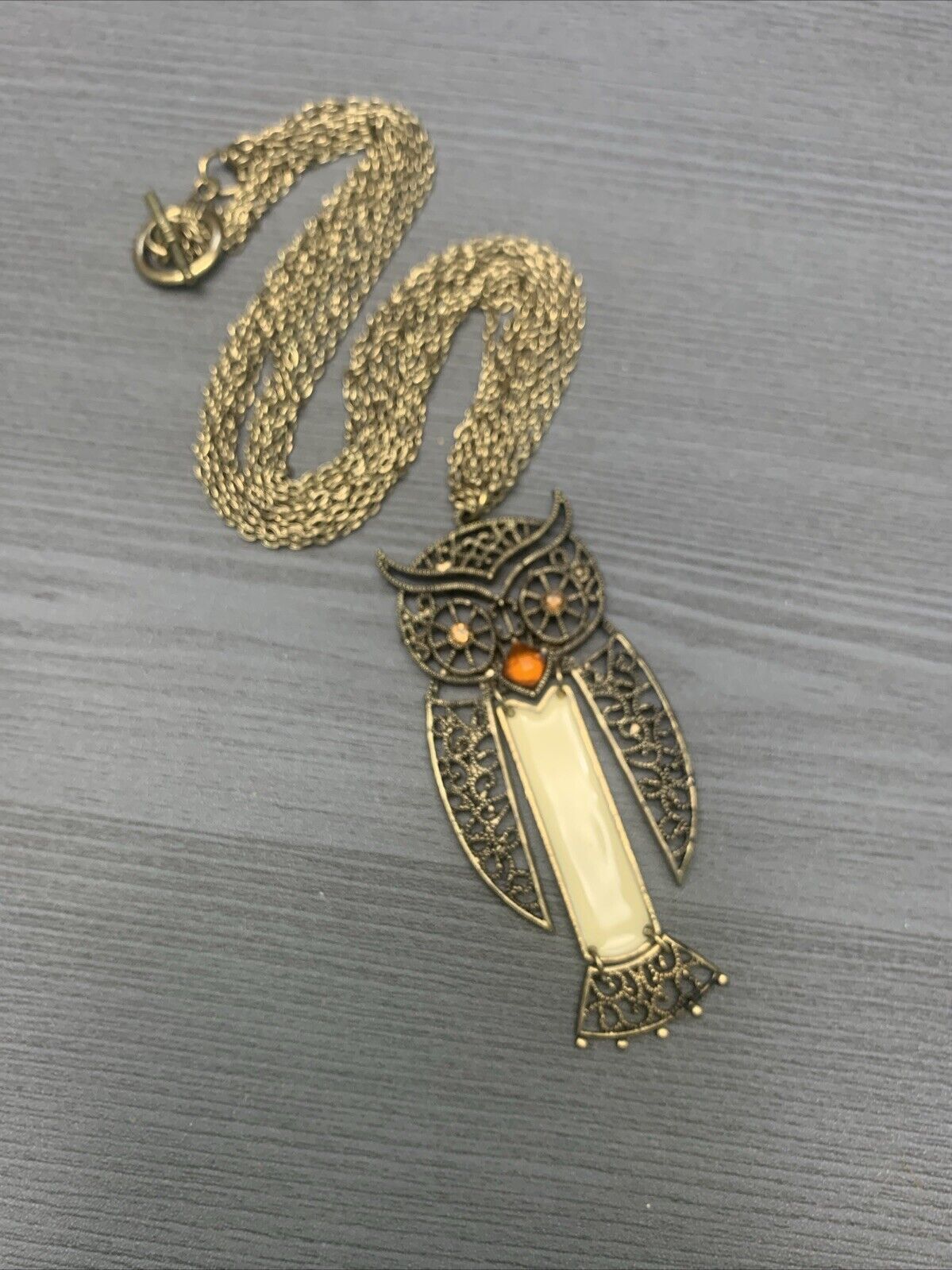 Vintage Boho Articulated, Owl, Gold, Multi Strand Pendant Necklace 18”