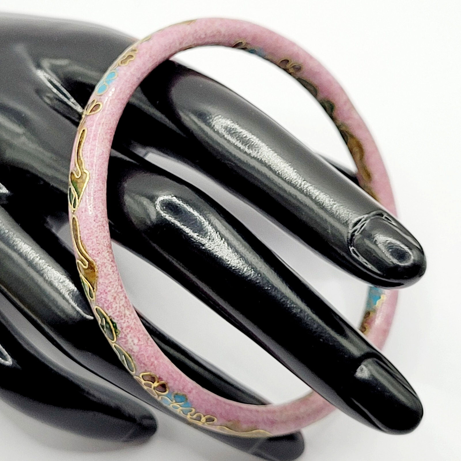 Cloisonné Asian Inspired Rose Mauve Color Floral Hand Painted Bangle Bracelet